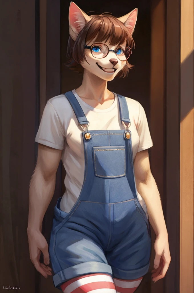 By bebebebebe, by lostgoose, by goonie-san, solo, snout, ears, feline, siamese cat, pale blue eyes, red glasses, brown hair, short hair, hair bangs, muscular, smiling, happy, ((white and pink striped leggings, curvy)), brown upper face, offwhite fur, denim overalls only, just wearing overalls,  besides overalls