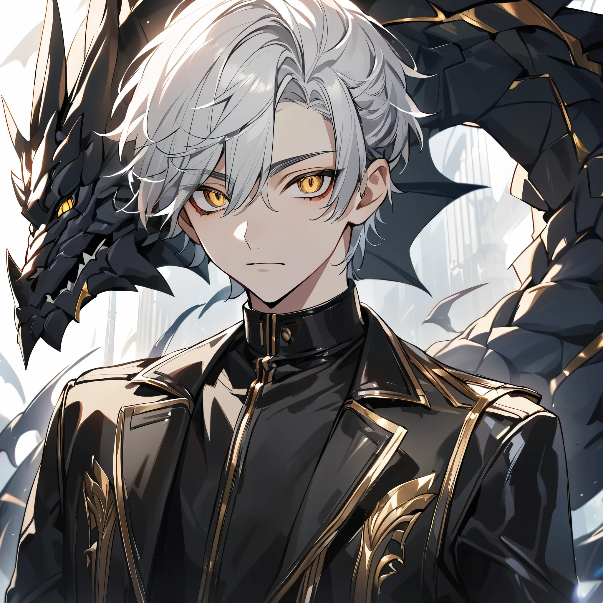 High quality, handsome male, 1male, 17 years old, teenager, golden lining, short white hair, flat cut hair, sharp eyes, gold eyes, devil may cry, close up, calm expression, stoic, black leather clothes, black jacket, upper body, looking at viewer, cowboy shot, black dragon background