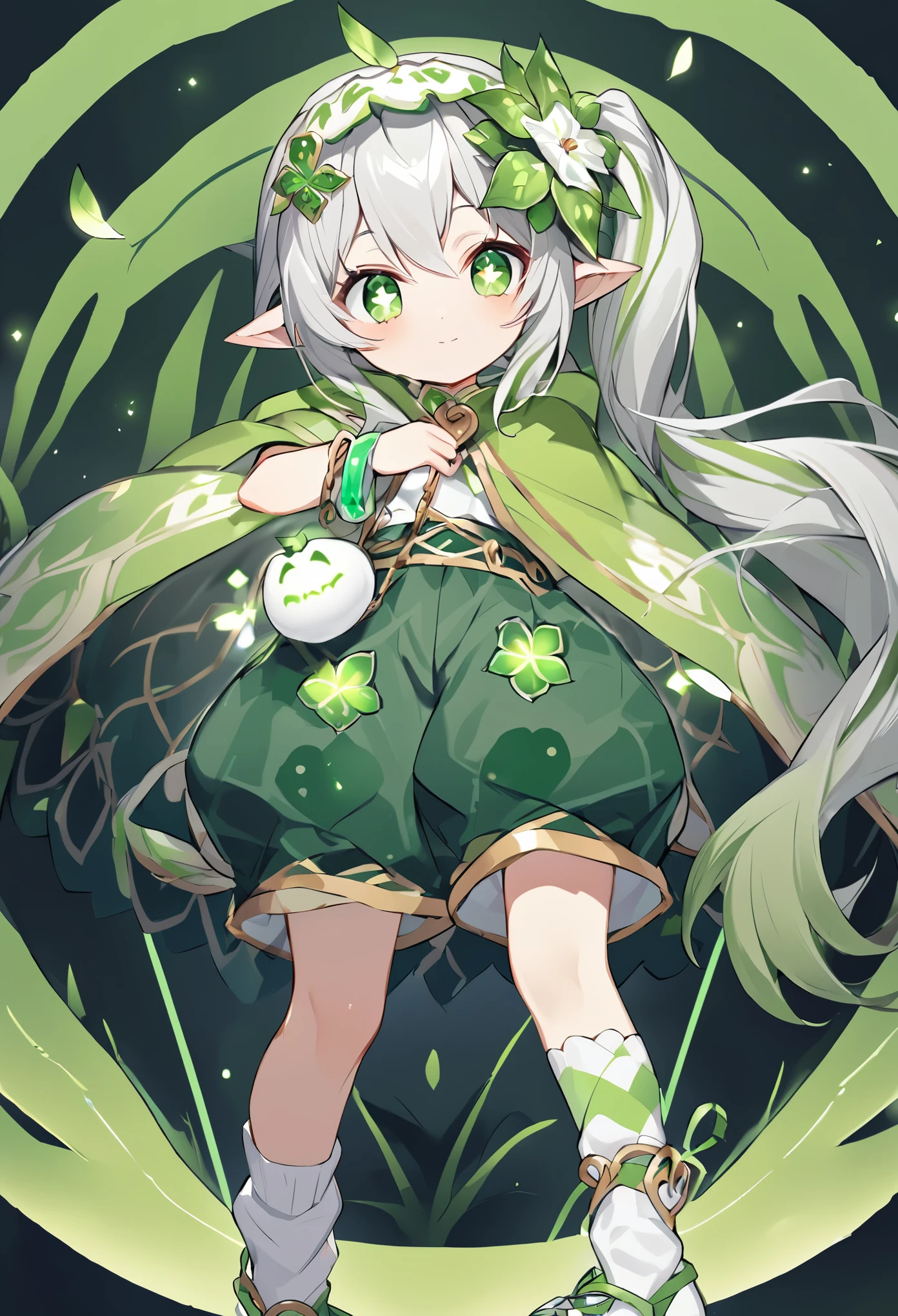 Nasida&#39;s overall color scheme is mainly grass green.，supplemented by gray and white。Appears to be a young girl，Has a pair of elf ears。Her white to gray long hair was tied into a side ponytail.，There is an obvious green gradient at the end of the hair，There is a young leaf on the right side of the head that symbolizes his identity as a new god.。The bottom layer of Nasida&#39;s irises is dark green，Cross-shaped pupils are light green，Shaped as a four-leaf clover，There is a circle of dark green lines around it。Nacida wears a green cloak，And wearing a white flower skirt。Wearing white pumpkin pants，There are golden lines on the surface of the skirt，The inner side is light green leaf pattern。Wearing white foot socks on feet，Shoes with metallic patterns on the outside。The headdress is a combination of a four-leaf clover and a heart-shaped leaf.，Metal bracelet on arm，Including the lock-like decoration on the back cloak