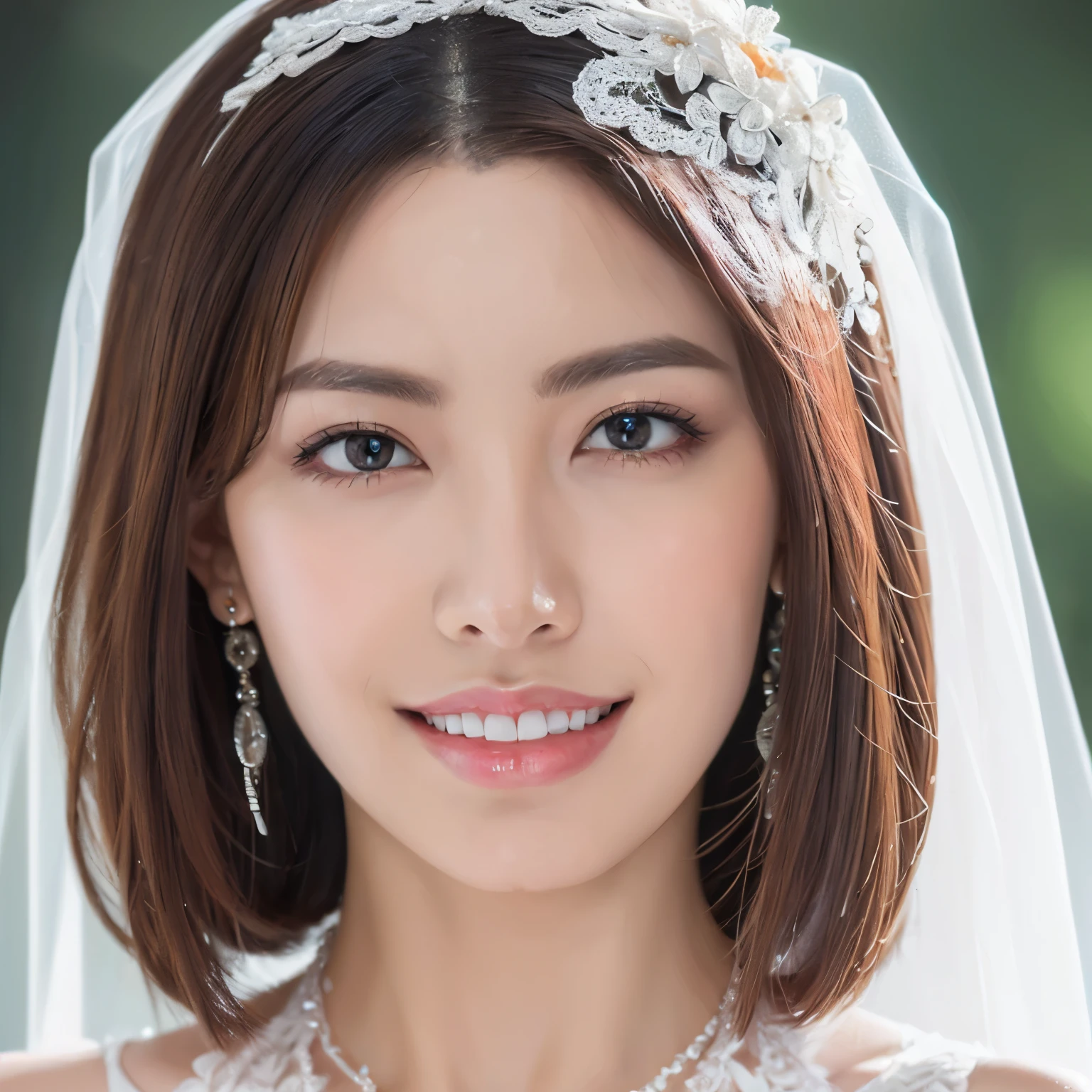 (highest quality、table top、8K、best image quality、Award-winning work)、One beautiful bride、(solo:1.1)、(The most extravagant and finest huge wedding dresses:1.1)、(perfect wedding lace:1.2)、(The most extravagant and finest giant tiara:1.1)、(The most luxurious and finest giant necklace:1.1)、(straight short hair:1.1)、the best smile looking at me、Large quantity of finest jewelry ornaments、(full body photo:1.2)、perfect makeup、long eyelashes、Super high-definition sparkling eyes、ultra high definition hair、ultra high resolution glossy lips、Super high resolution perfect teeth、Beautiful face in super high resolution、(accurate anatomy:1.1)、(Beautiful skin that shines very brightly:1.2)、(very bright and vivid:1.2)