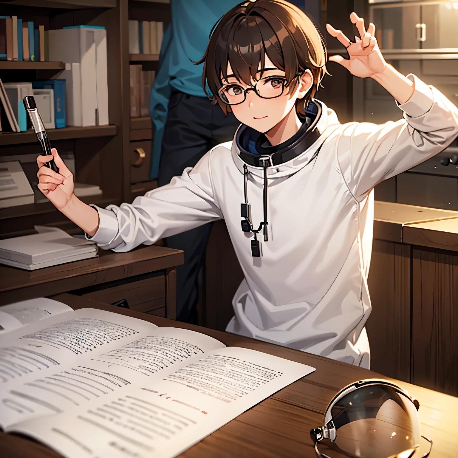 Make a brown haired boy happy with prescription glasses and astronaut helmet