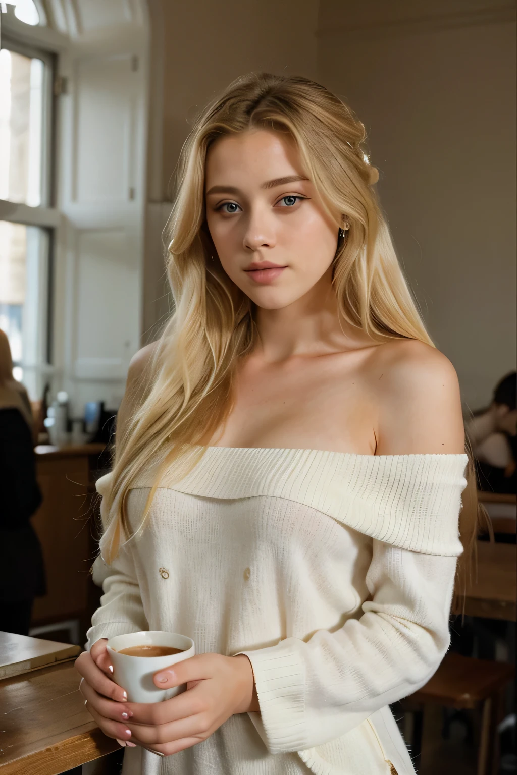 A photo of a beautiful 23 year old Madison Frost, [Amber Heard:Lili reinhart: 0.8], blue eyes BREAK, ((long blonde hair)), sharp focus, relaxed, afternoon light, having coffee, at a coffee shop, full body, wearing off-shoulder sweater