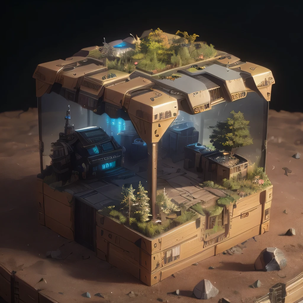 6598年Mars realistic model, (Bifurcation, original photo, best quality, masterpiece:1.4),Steampunk Cyberpunk 6820 City,(CyberpunkMars light:1.3), Mars (related to land),(in a small nature box:1.3),Isometric, small nature, landscape on foundation,landscape,