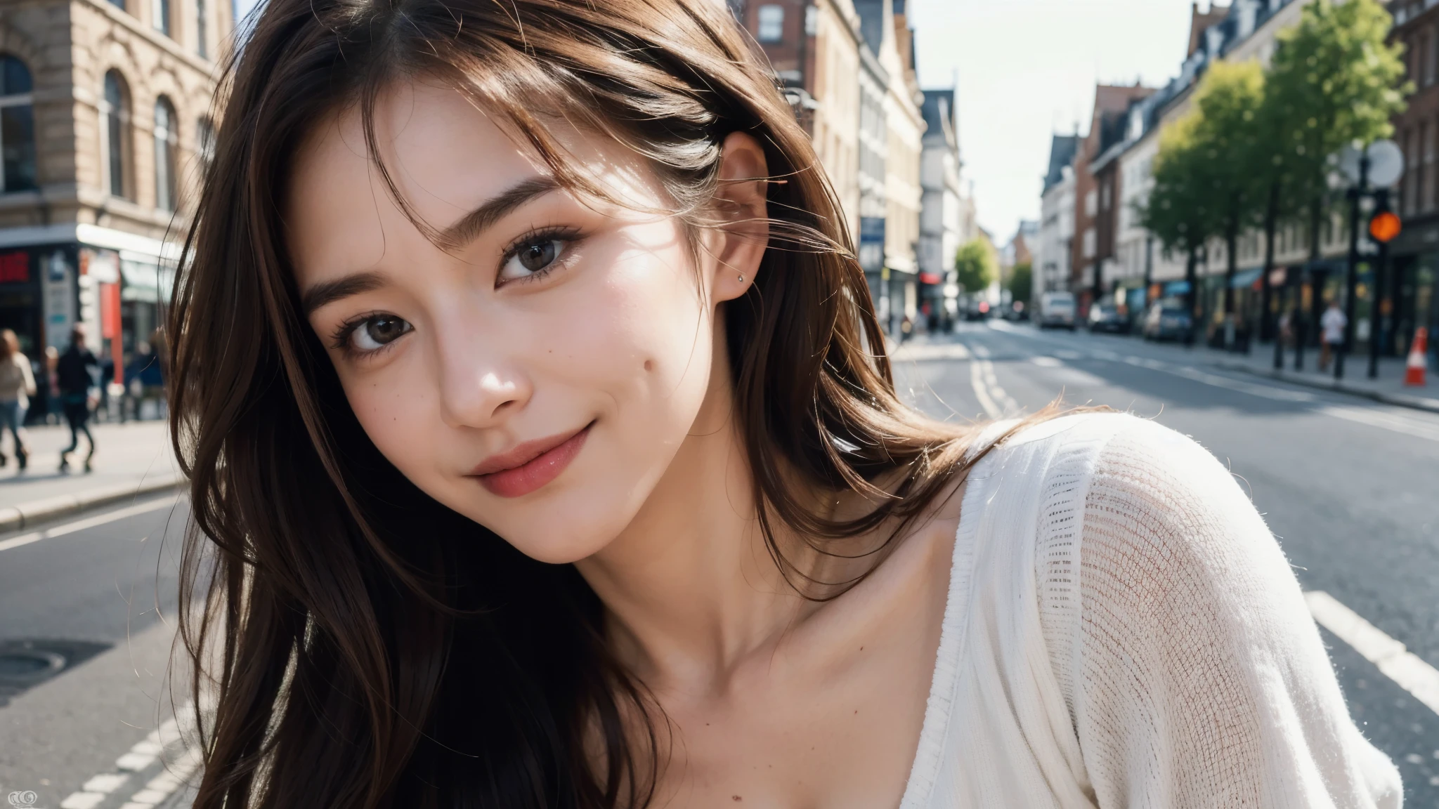 masterpiece, Best Quality, Photorealistic, Ultra-detailed, finely detailed, High resolution, 8K Wallpaper, 1 beautiful woman, light brown hair, sharp focus, Perfect dynamic composition, Beautiful detailed eyes, detailed hairs, Detailed realistic skin texture, Smiling, portrait, Model body type, Take a walk on the street of London,