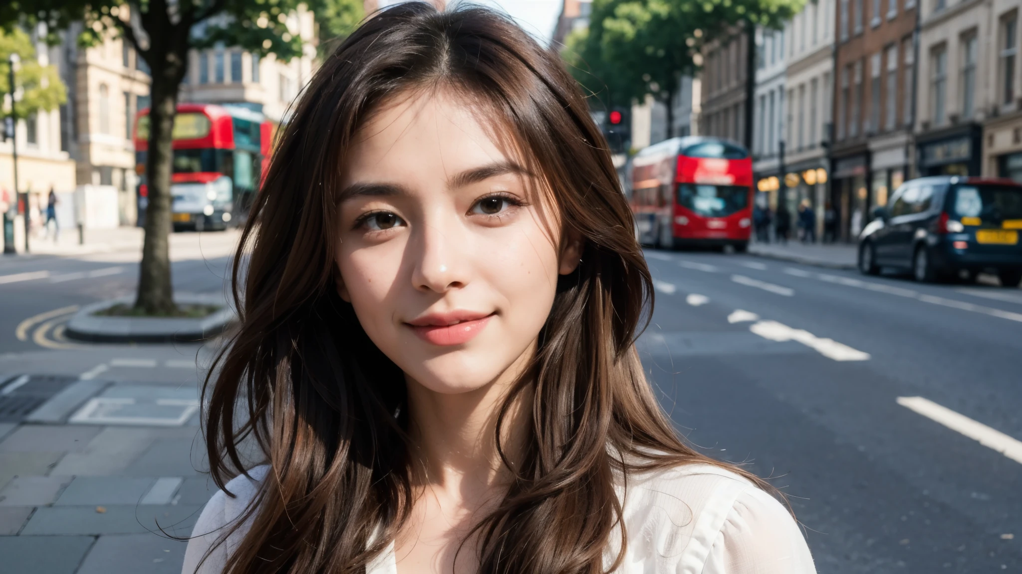masterpiece, Best Quality, Photorealistic, Ultra-detailed, finely detailed, High resolution, 8K Wallpaper, 1 beautiful woman, light brown hair, sharp focus, Perfect dynamic composition, Beautiful detailed eyes, detailed hairs, Detailed realistic skin texture, Smiling, portrait, Model body type, Take a walk on the street of London,