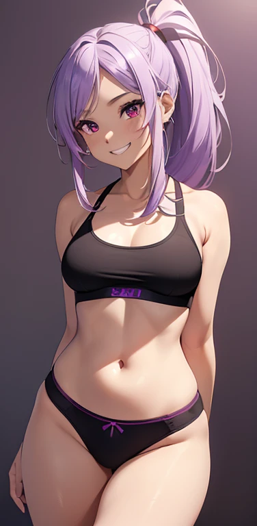 (8K、highest quality、masterpiece:1.2)、anime coloring、super resolution、Realistic、(1girl)  、(purple, white gradient hair,ponytail)、(contrapposto),long straight hair,(red eye),(forehead:1.2),(face focus,cowboy shot),(black sports bra,string panties :1.3)、(grin:1.3),(cute face)、,(small breasts),gradient background、(curvy:1.3)、