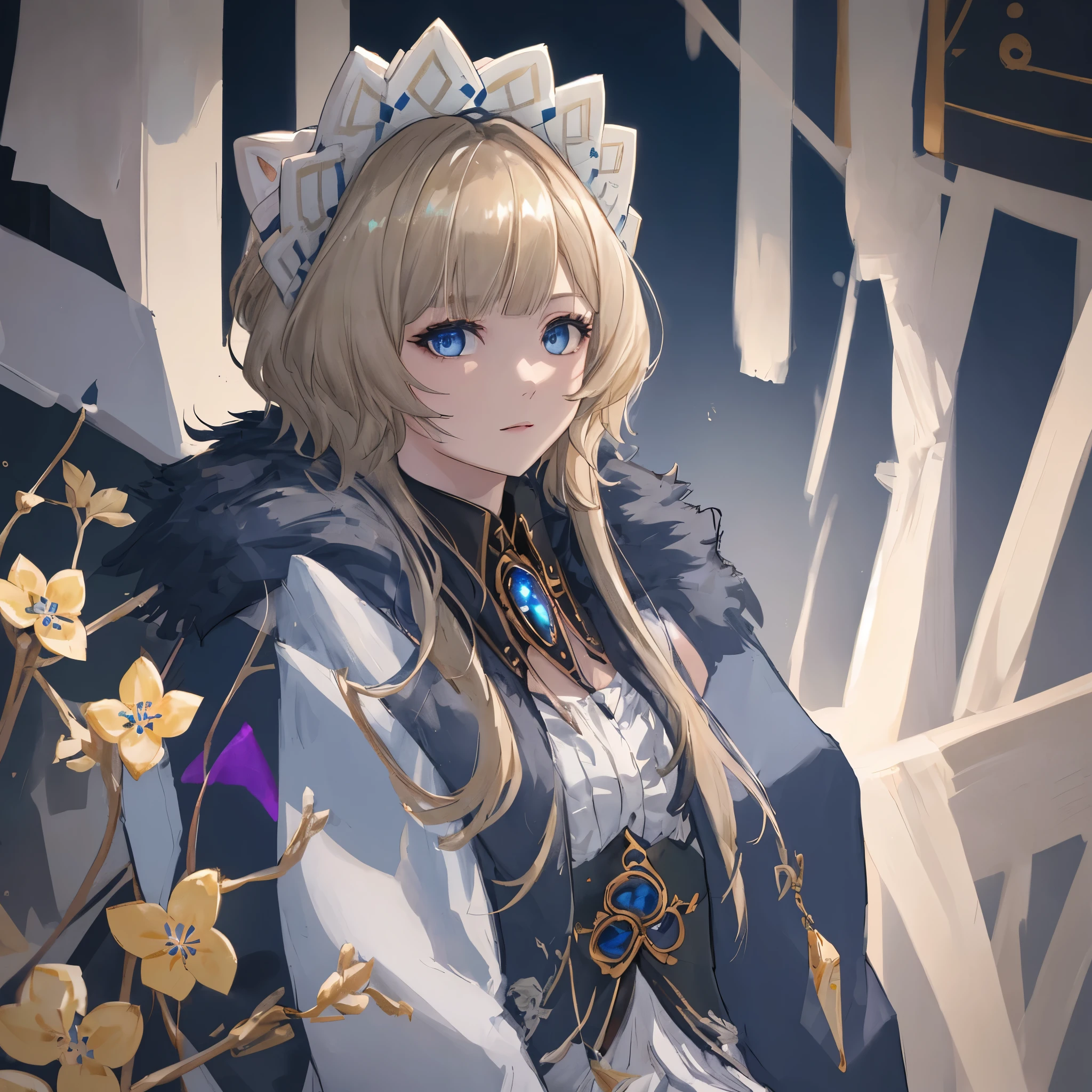 super fine illustration, an extremely cute and beautiful girl, highly detailed beautiful face and eyes, look at viewer, cowboy shot, beautiful hair, solo, dynamic angle, beautifully detailed fur coat with frill, ice castle in the background, blue tone,  sandrone, genshin impact style, blonde hair, short hair, hair ornament, detailed face, detailed eyes, fresh blue eyes