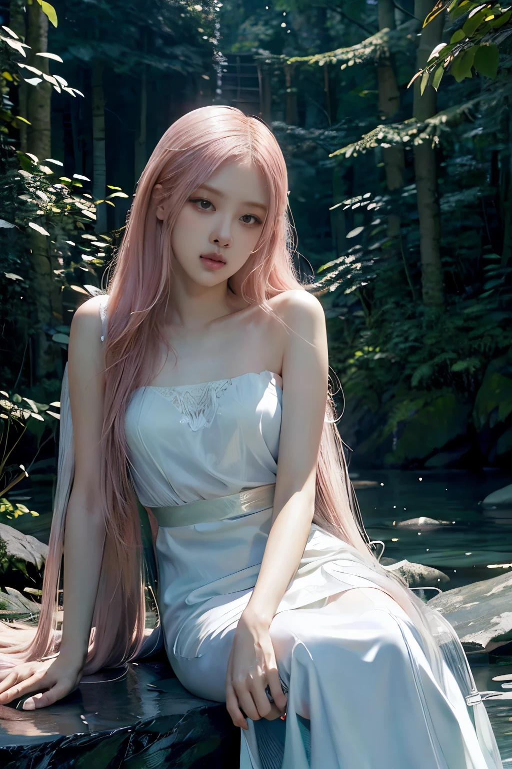 Rose from blackpink, pink hair, (full body), wearing medieval long cotton nightie clothes, sitting on a rock, feet in the water, Drenched hair, The background is a forest, sunset, (masterpiece, best quality, award winning, highres), skinny, intricate and beautiful design, highly detailed beautiful face, super detailed beautiful eyes, light smile, sitting near stream, forest, leaves flow, windy, sun lights through forest, fantasy art, dynamic lighting, cinematic lighting, hyper realistic, extremely CG detail, octane render, (artistic + masterpiece:1.4), (incredibly detailed eyes), (8k, Photorealistic, Photo RAW, Best quality: 1.4), (UHD), (Ultra high realism), (Ultra high definition), (Ultra high detail), (Realistic face), Beautiful hairstyle, Realistic bright amber eyes, Beautiful details, (Realistic skin), Pale, smooth and luminous skin with iridescent shine and no imperfections, Ultra high definition, Ultra realistic, Highly detailed