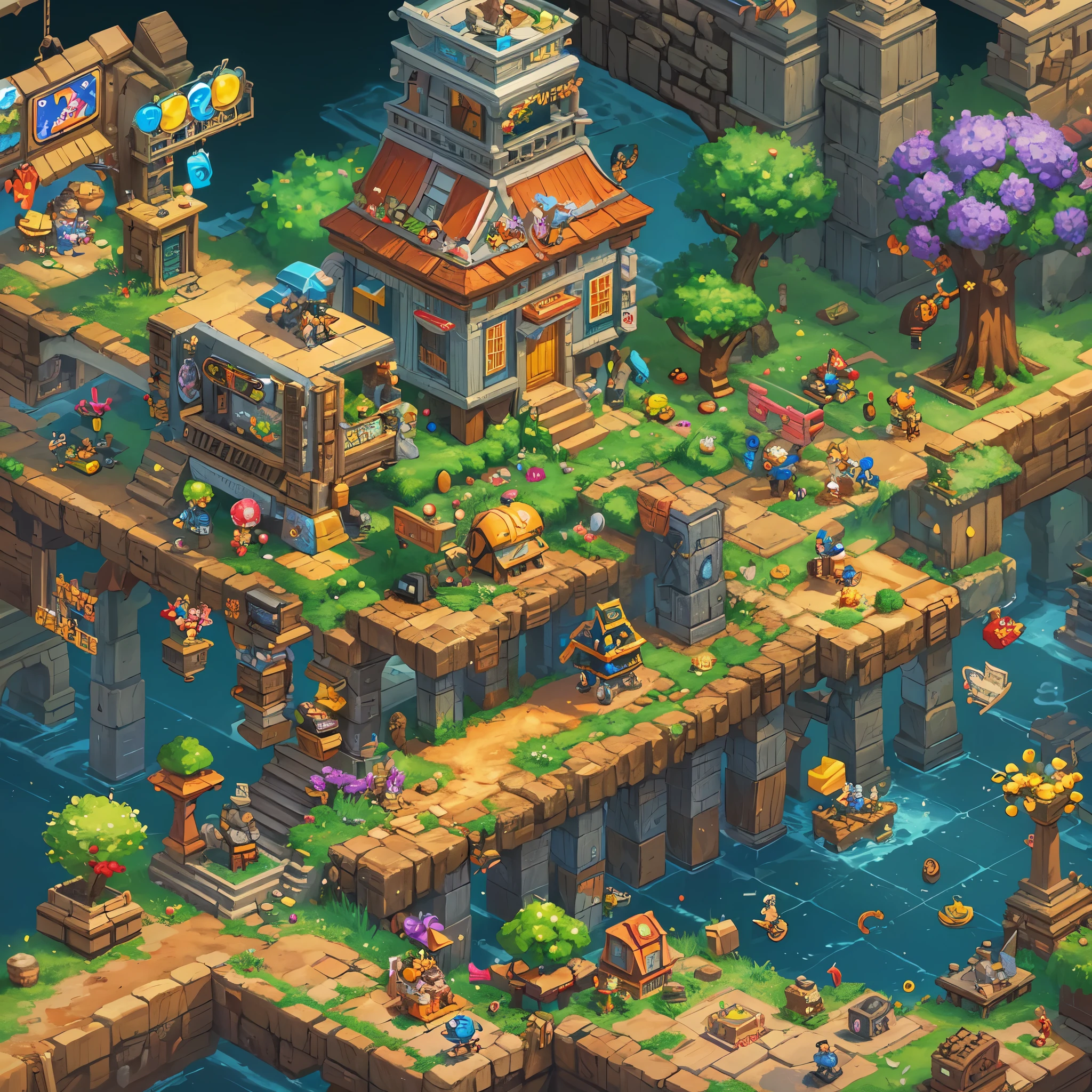 (best quality,4k,8k,highres,masterpiece:1.2),ultra-detailed,(pixel),retro,vibrant colors,isometric landscape,blocky characters,arcade game,8-bit graphics,cartoonish style,playful atmosphere,dynamic movements,horizontal scrolling,high score challenge,strategic puzzles,multi-level levels,animated sprites,creative level design,immersive gameplay,retro music,special power-ups,enemies and obstacles,achievements unlocked,player's high score leaderboard,retro gaming inspired,joystick and button controls,game over screen,game instructions,interactive menu screen,level select screen,coin collecting