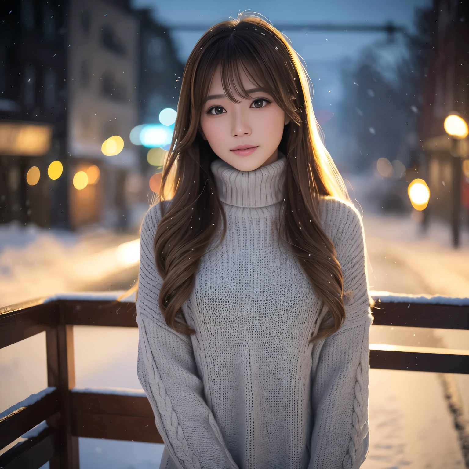 (table top、highest quality、8K、Award-winning work、ultra high resolution)、one beautiful woman、(Turtleneck long knit sweater dress:1.1)、Exactly、brown hair、blonde、very long wavy hair、epic movie lighting、romantic love feeling、Romantic and moody atmosphere、that&#39;It&#39;s snowing、Norwegian city covered in snow、look at me、(Huge breasts similar to that et al.&#39;It&#39;s going to explode:1.1)、(Most emphasize the body line:1.1)、very long hair、blurred background、accurate anatomy、ultra high definition hair、ultra high resolutionの完璧な美しい歯、Ultra high definition beauty face、ultra high definition hair、Super high-definition sparkling eyes、Shining ultra high resolution beautiful skin、ultra high resolutionの艶やかな唇