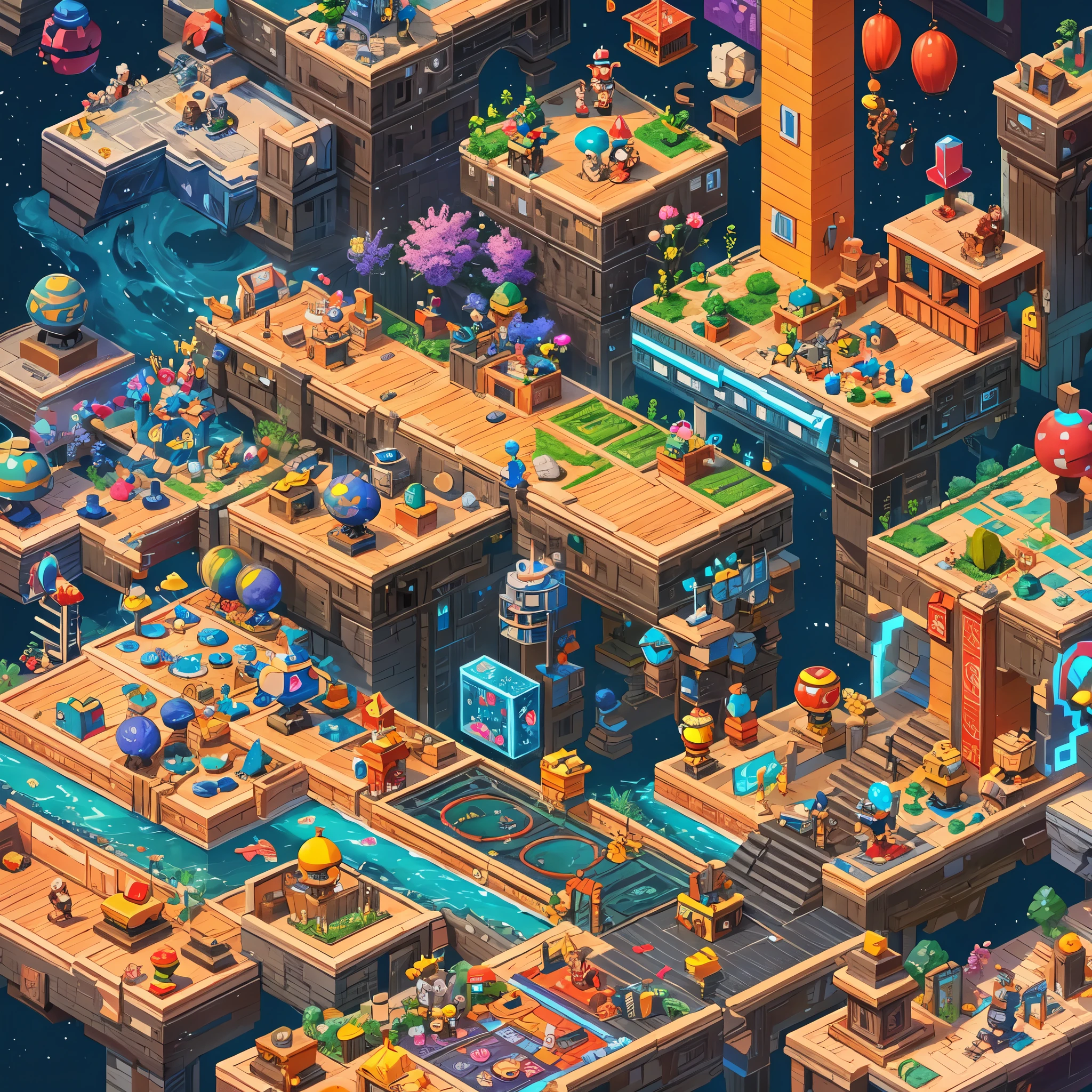 (best quality,4k,8k,highres,masterpiece:1.2),ultra-detailed,(pixel),retro,vibrant colors,isometric landscape,blocky characters,arcade game,8-bit graphics,cartoonish style,playful atmosphere,dynamic movements,horizontal scrolling,high score challenge,strategic puzzles,multi-level levels,animated sprites,creative level design,immersive gameplay,retro music,special power-ups,enemies and obstacles,achievements unlocked,player's high score leaderboard,retro gaming inspired,joystick and button controls,game over screen,game instructions,interactive menu screen,level select screen,coin collecting