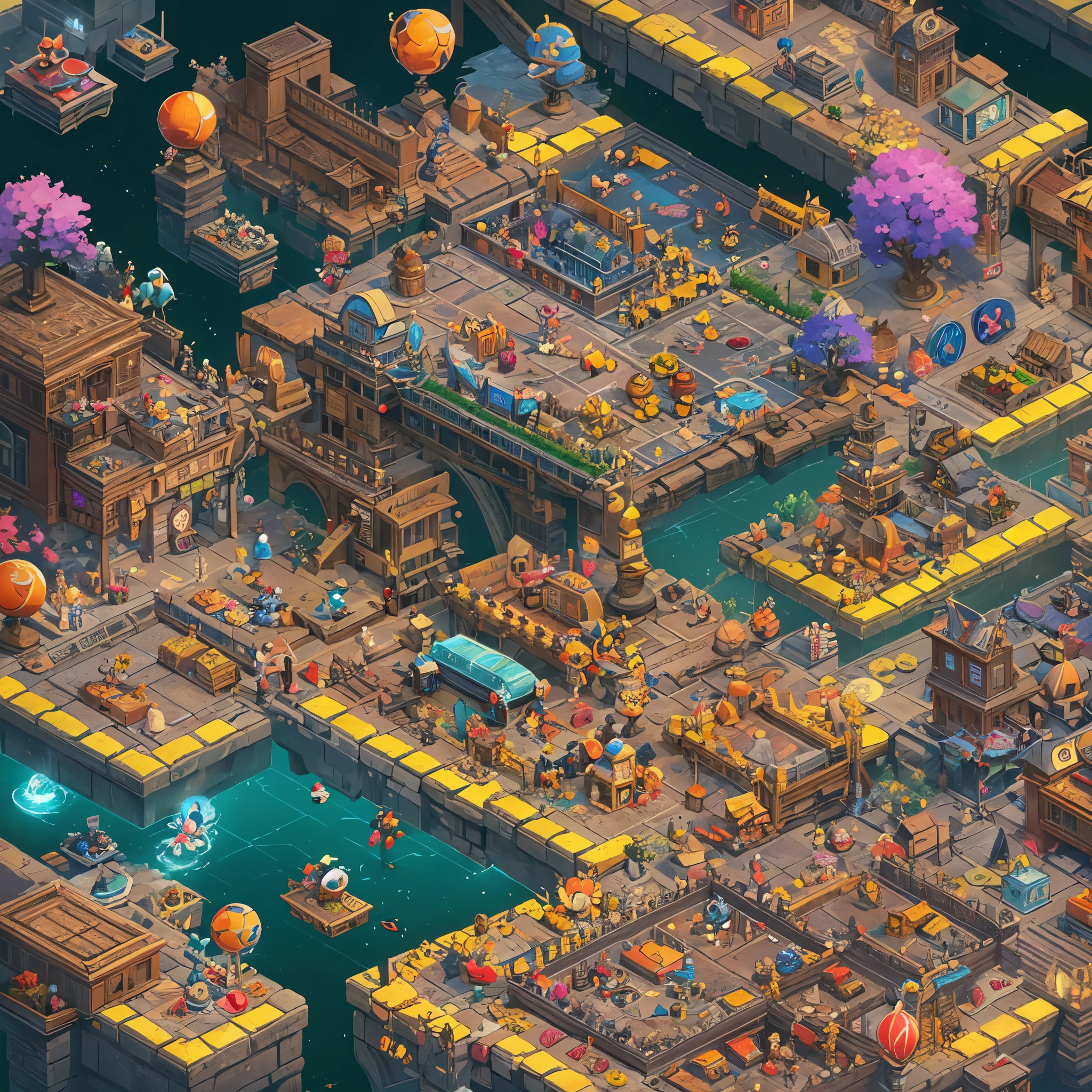 (best quality,4k,8k,highres,masterpiece:1.2),ultra-detailed,(pixel),retro,vibrant colors,isometric landscape,blocky characters,arcade game,8-bit graphics,cartoonish style,playful atmosphere,dynamic movements,horizontal scrolling,high score challenge,strategic puzzles,multi-level levels,animated sprites,creative level design,immersive gameplay,retro music,special power-ups,enemies and obstacles,achievements unlocked,player's high score leaderboard,retro gaming inspired,joystick and button controls,game over screen,game instructions,interactive menu screen,level select screen,coin collecting