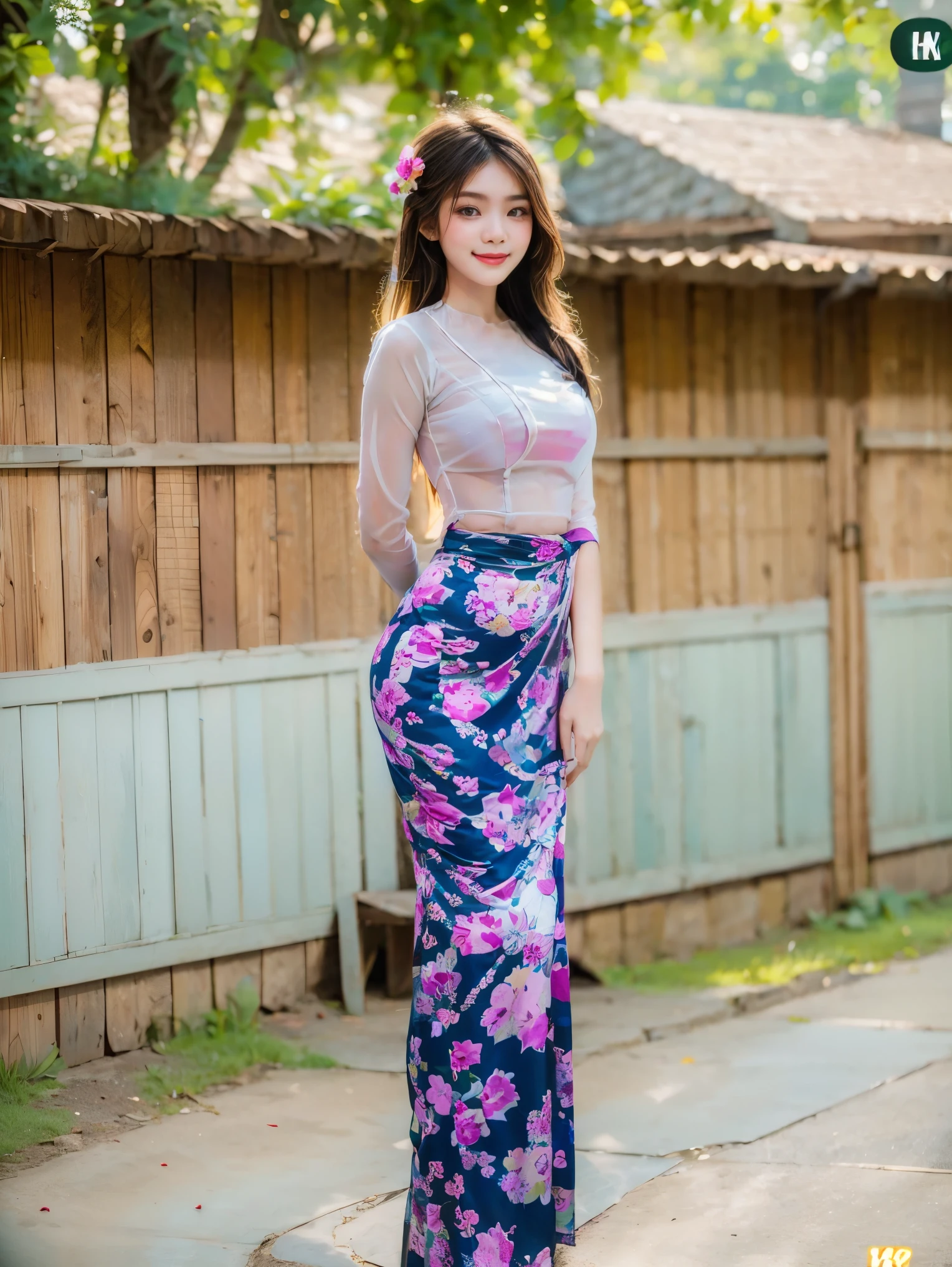 1 girl, burmese girl, standing on in front of the house, 64k, FHD, natural light, Raw, Natural skin, lite smile, fullbody view, portrait pose, perfect body and berasts, flowers background,  masterpeace, realistic, detailed, portrait photography, long black hair