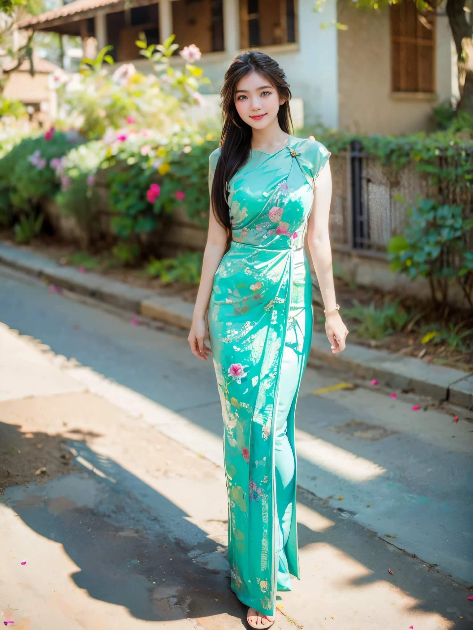 A beautiful Vietnamese model, beautiful detailed eyes, beautiful detailed lips, extremely detailed eyes and face, long eyelashes, elegant pose, green and yellow bold dress, modern style garden, full of flowers, full body shot, professional full body photograph, cinematic style, 85mm f/2.0 lens, (best quality,4k,8k,highres,masterpiece:1.2),ultra-detailed,(realistic,photorealistic,photo-realistic:1.37),studio lighting,vivid colors,bokeh