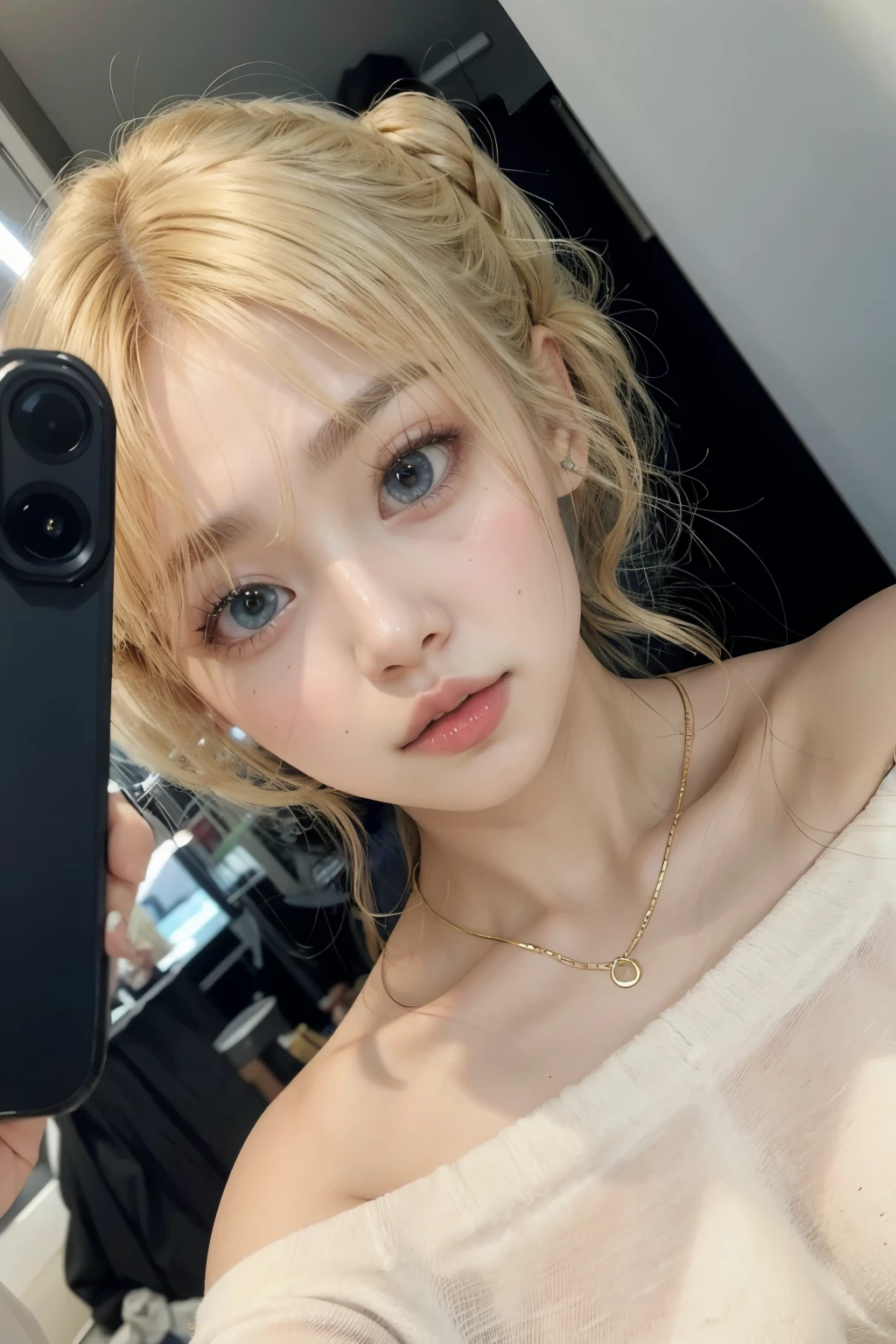 Blonde woman taking a selfie in a mirror with a cell phone., Lalisa Manobal, Lalisa Manoban de Blackpink, jinyoung shin, ulzzang, parque roseanne de blackpink, con flequillo, maquillaje popular de corea del sur, tzuyu de dos veces, heonhwa choe, 8k selfie photography, Jaeyeon Nam, pelo largo y blanco y flequillo
