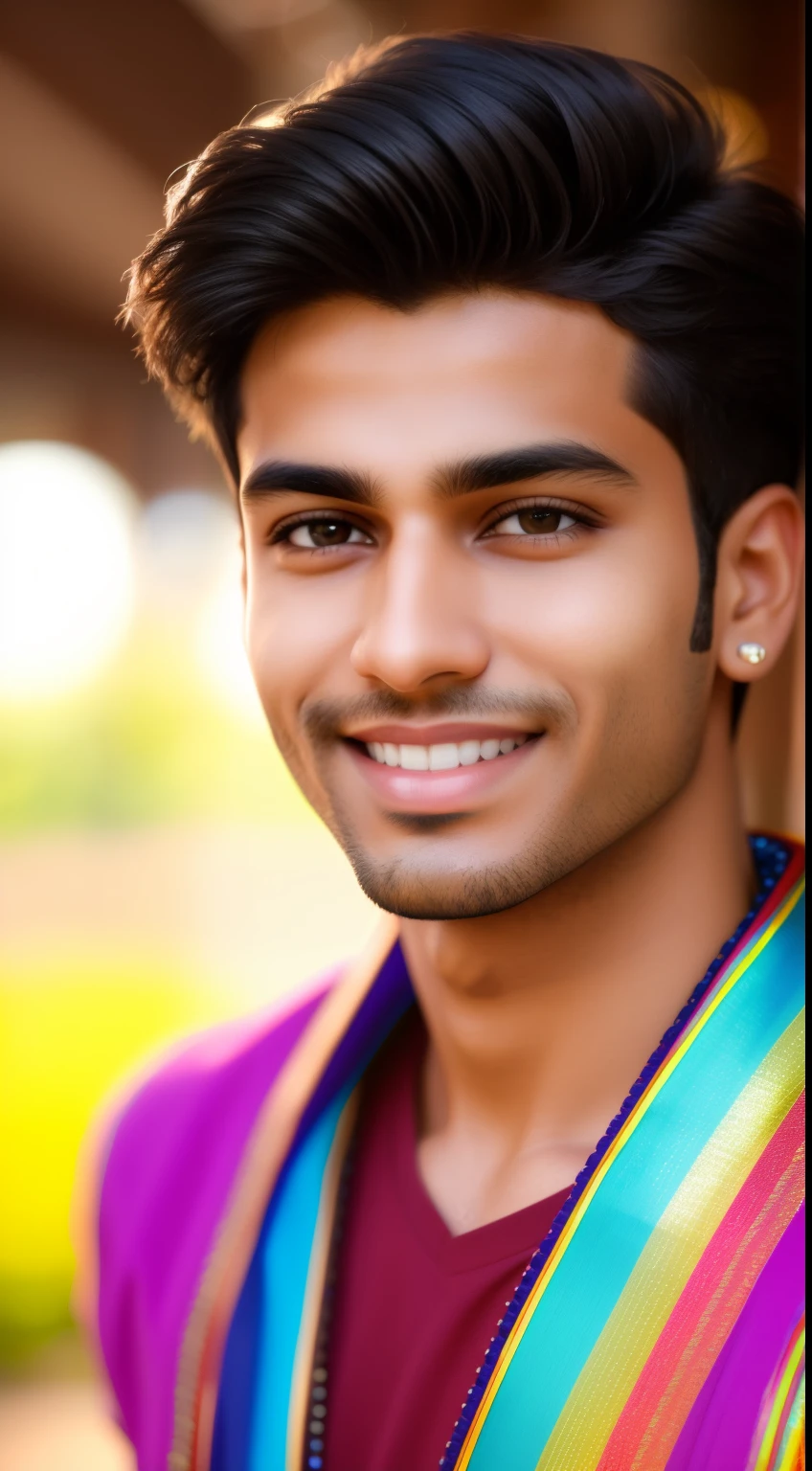 (highres,best quality:1.2),portrait,smiling young indian 20 y. o. man looking at smartphone camera,eye-catching expression,stylish haircut,youthful appearance,modern clothing,confident gaze,piercing eyes,meticulously detailed face,slightly raised eyebrow,facial hair(detail:1.1),strong jawline,dazzling smile,warm and friendly atmosphere,shallow depth of field,dreamy bokeh effect,vibrant colors,soft and natural lighting,studio setup