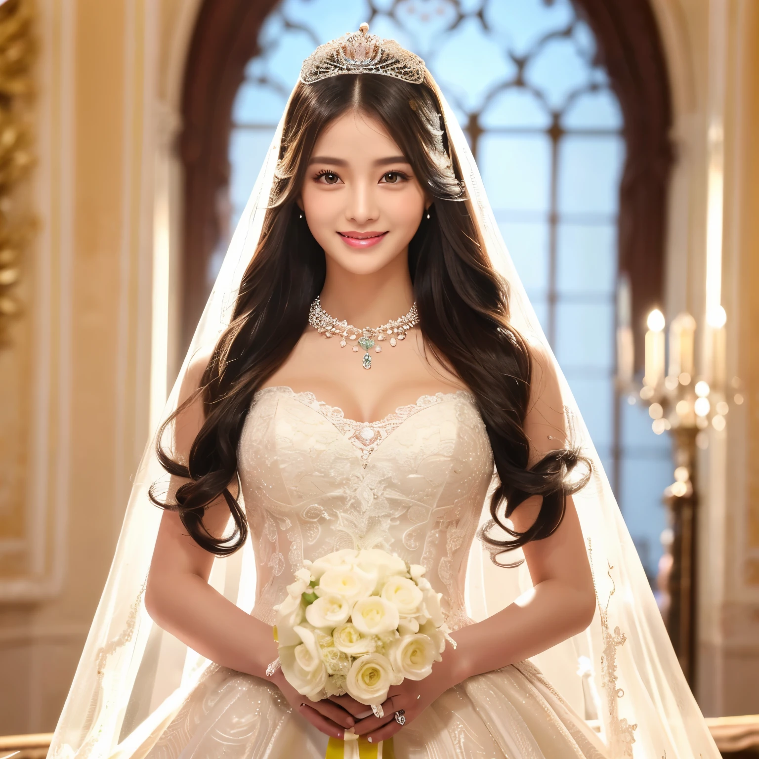 (highest quality、table top、8K、best image quality、Award-winning work)、(One beautiful bride:1.1)、(solo:1.2)、wedding style、(The most extravagant and finest huge wedding dresses:1.1)、(perfect wedding lace:1.2)、(The most extravagant and finest giant tiara:1.1)、(The most luxurious and finest giant necklace:1.1)、the best smile looking at me、(slender body:1.1)、Large quantity of finest jewelry ornaments、(bride full body photo:1.2)、perfect makeup、long eyelashes、Super high-definition sparkling eyes、ultra high definition hair、ultra high resolution glossy lips、Super high resolution perfect teeth、Beautiful face in super high resolution、(accurate anatomy:1.1)、(Beautiful skin that shines very brightly:1.2)、(very bright and vivid:1.2)、(body facing straight ahead:1.2)、(standing elegantly:1.1)