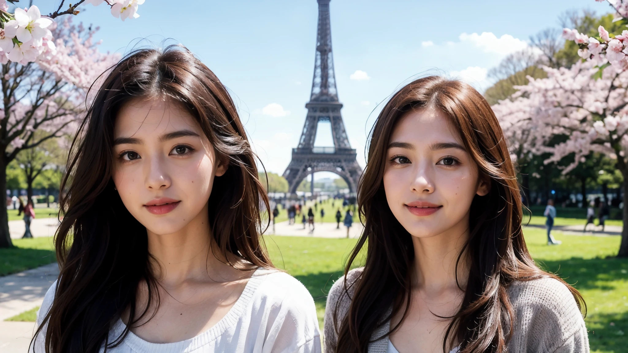 masterpiece, Best Quality, Photorealistic, Ultra-detailed, finely detailed, High resolution, 8K Wallpaper, 1 beautiful woman, light brown hair, sharp focus, Perfect dynamic composition, Beautiful detailed eyes, detailed hairs, Detailed realistic skin texture, Smiling, portrait, Model body type, Take a walk in the park with cherry blossoms and Eiffel Tower background,