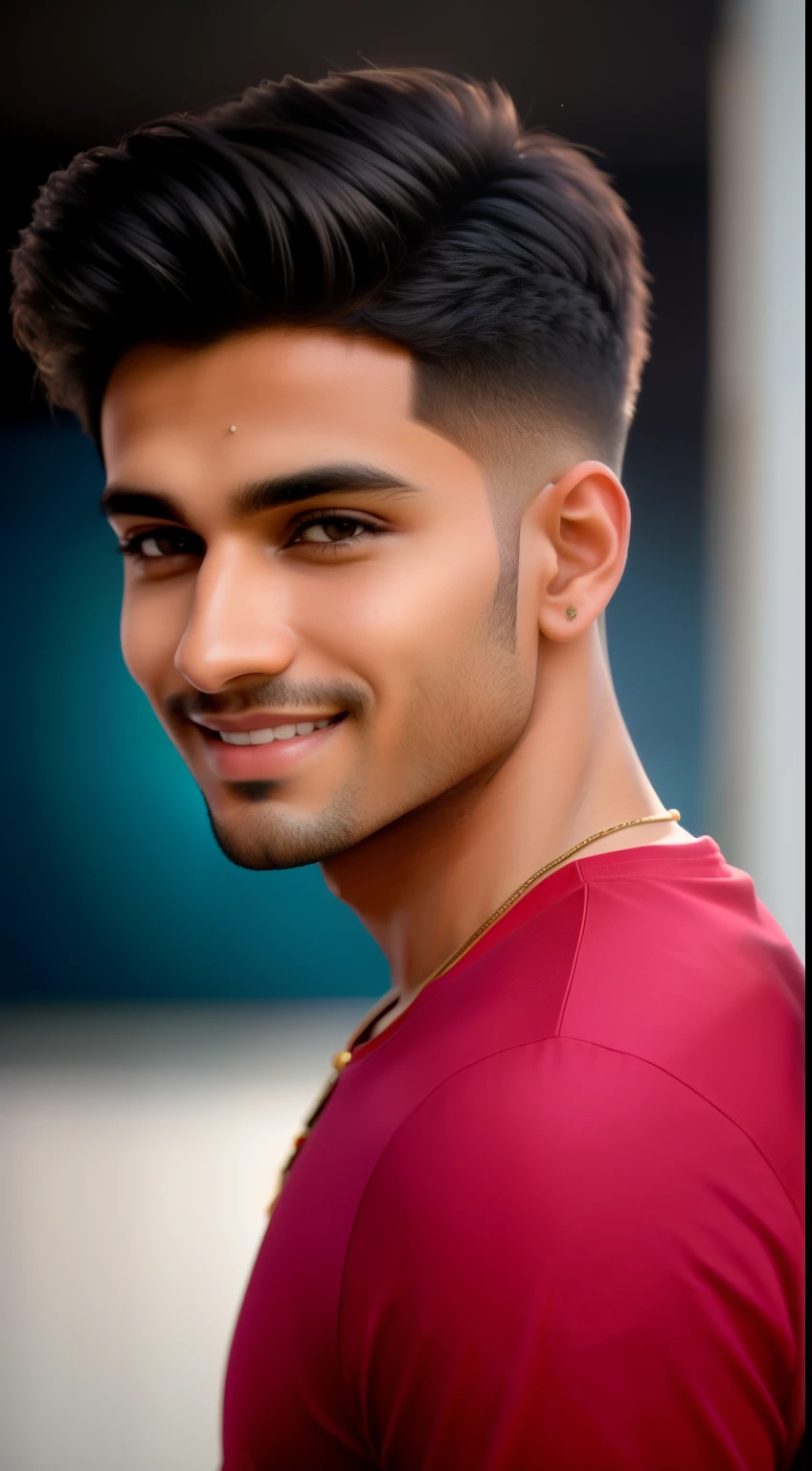 (highres,best quality:1.2),portrait,smiling young indian 20 y. o. man looking at smartphone camera,eye-catching expression,stylish haircut,youthful appearance,modern clothing,confident gaze,piercing eyes,meticulously detailed face,slightly raised eyebrow,facial hair(detail:1.1),strong jawline,dazzling smile,warm and friendly atmosphere,shallow depth of field,dreamy bokeh effect,vibrant colors,soft and natural lighting,studio setup