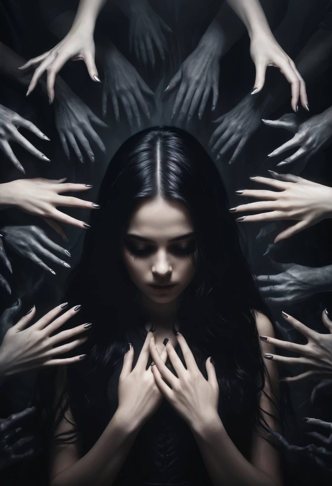 (best quality,4k,highres:1.2),ultra-detailed,realistic,horror,concept artist,black and white,haunting atmosphere,dark room,creepy ambiance,mysterious shadows,ominous mood,misty vibe,abandoned setting,girl with long black hair,girl's silhouette,backlit figure,partial view,curled fingers,elongated fingers,angled hands,veined hands,pale skin,meticulously detailed hands,creepy gestures,folded hands,multiple hands emerging from the darkness,multi-armed apparitions,ominous background,dark clouds,dense fog,surreal landscape,dimensional shifting effect,shadowy figures forming demonic shapes,ominous aura,spine-chilling visuals,haunted by the supernatural,gothic elements,horror film aesthetic,ethereal beauty,otherworldly presence,spooky undertones,pulsating energy,feeling of unseen danger,intense suspense,foreboding tension,concealed secrets,unleashing dark powers.