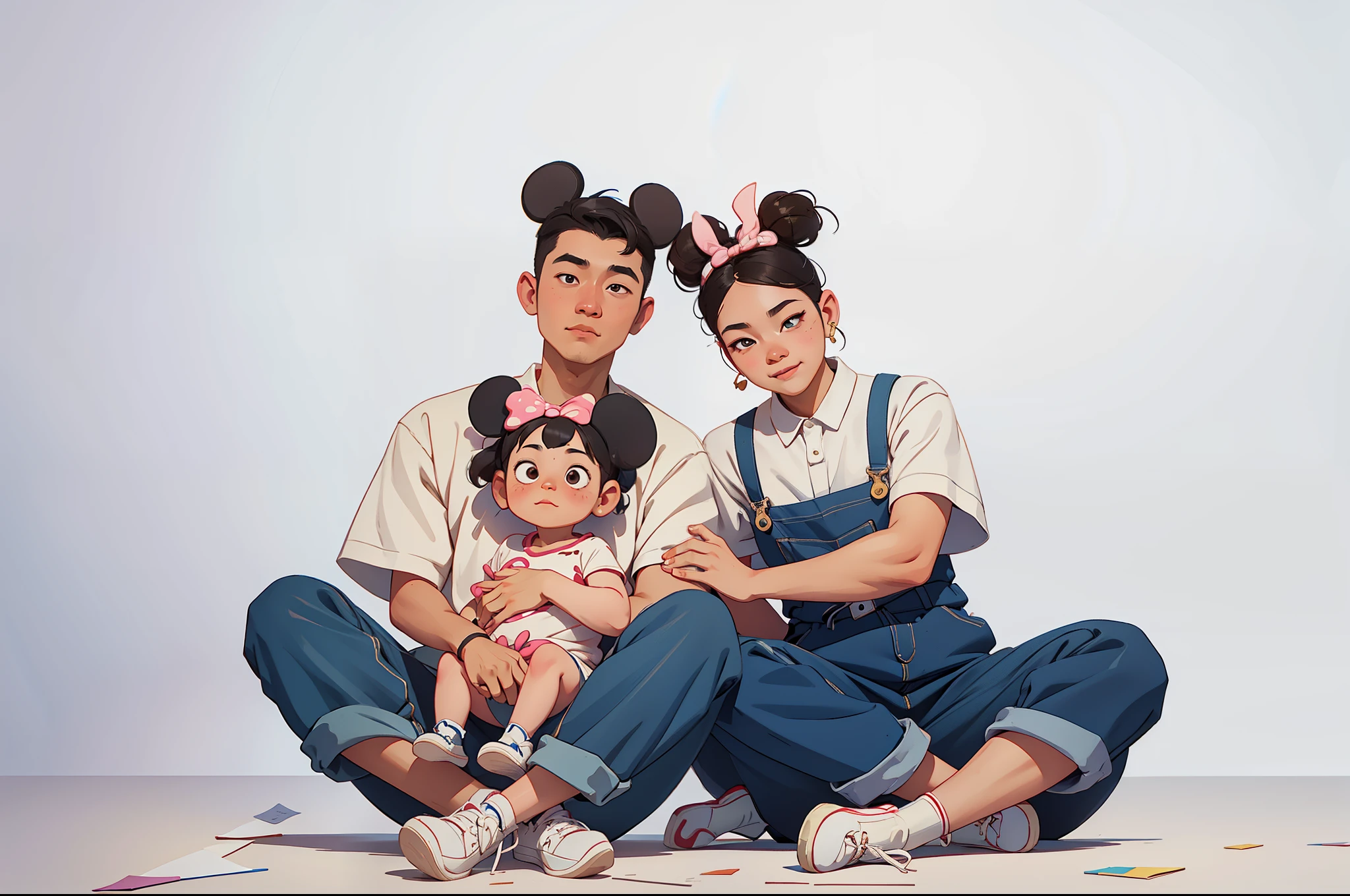 best quality，super detailed，Best Best Illustration，best shadow，masterpiece，High resolution，professional artwork，famous artwork），surreal style，exquisite eyes，There are two people and a baby sitting on the floor, happy, husband ，wife and son, photography, Portrait of a family of three, 母亲photography 4 k, portrait, family portrait, perfect android girl, Mickey Mouse ear jewelry, 休闲photography, studio photography, family portrait，fingers intact，Man holding child，Wife holds man&#39;s arm，clean background，in the forest，only three characters