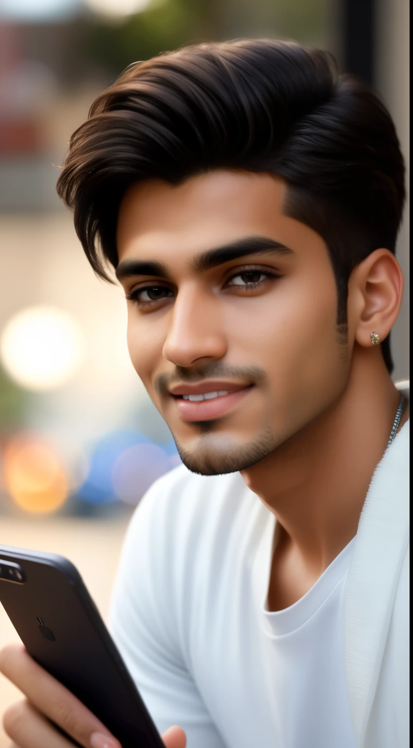 (highres,best quality:1.2),portrait, young indian 20 y. o. man looking at smartphone camera,eye-catching expression,stylish haircut,youthful appearance,modern clothing,at food restaurant, confident gaze,piercing eyes,meticulously detailed face,slightly raised eyebrow,facial hair(detail:1.1),strong jawline,dazzling smile,warm and friendly atmosphere,shallow depth of field,dreamy bokeh effect,vibrant colors,soft and natural lighting,studio setup