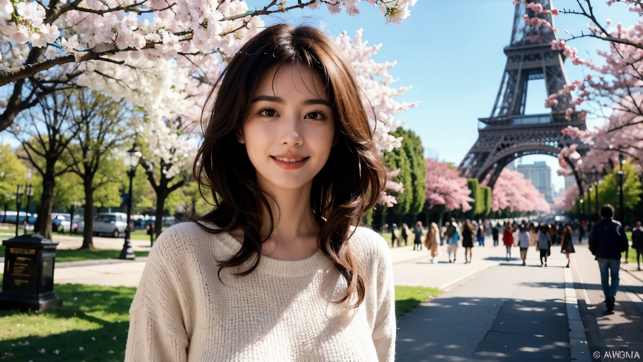 masterpiece, Best Quality, Photorealistic, Ultra-detailed, finely detailed, High resolution, 8K Wallpaper, 1 beautiful woman, light brown hair, sharp focus, Perfect dynamic composition, Beautiful detailed eyes, detailed hairs, Detailed realistic skin texture, Smiling, portrait, Model body type, Take a walk in the park with cherry blossoms and Eiffel Tower background,