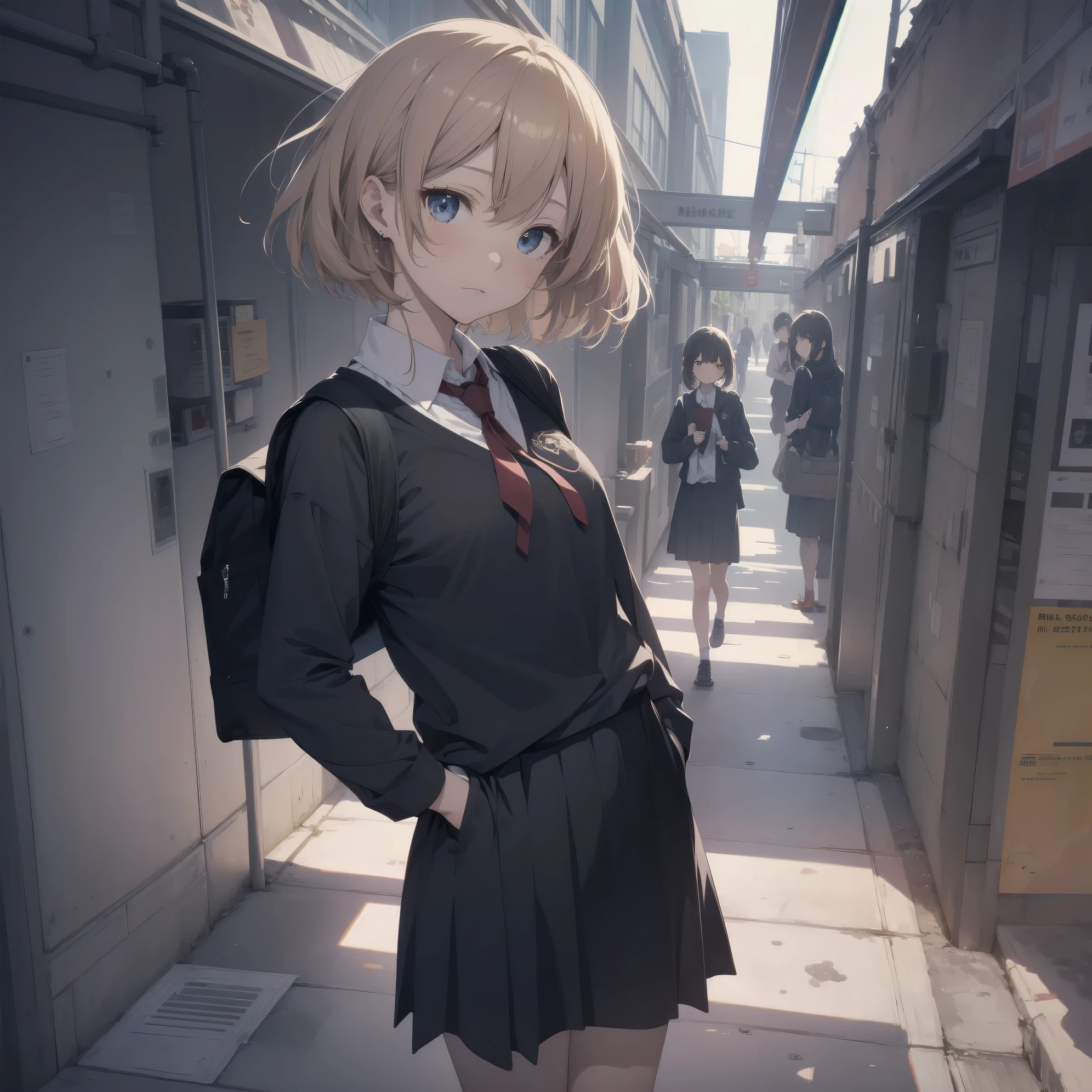 Super absurd quality by the god of art, Super detailed, High resolution, anime moe art style, best anime 8K konachan wallpaper, Pixiv contest winners, perfect anatomy, break, (眠そうにalone学校へ行く女の子を描いてください. )break,1 girl, (alone,little woman, cute face, 13 years old:1.3),All limbs, full finger,, The charm of an immature body, (very_short hair), shortcut, Bang, flat chest, small ass, between legs, small black eyes, detailed and beautiful eyes, Well-proportioned iris and pupils, expressive eyes, High resolutionの詳細な髪, neck ribbon, shirt, collared shirt, skirt, pleated skirt, school uniform, (detailed lighting), (detailed background), On the way to school. break,super dense skin, Best cinematic lighting powered by famous artist, 8K,Beauty Illustration,photoshop_(Moderate),Absurd Hi-Res,UHD,rough skin,break,((artist:Fujiyama)), artist:Fujichoko,artist:Yamamoto_Soichiro,artist:hanekoto