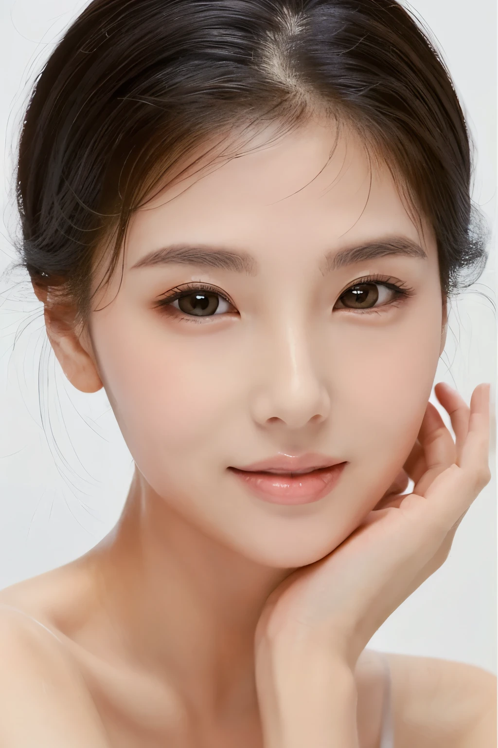 ((masterpiece, top quality, high definition)), 1 girl, (photorealistic: 1.4), solo, white background, snow-white background, mouth closed, happy smile, pretty black hair, short hair, big eyes, clear double eyelids, eyelashes, ears out, absolute area, ((face close-up)), (drawing all head, shoulders), 30 years old, Attractive proportions, glossy skin, clean collarbone, face in golden proportion, perfect face, teardrop mole, mole on chest, bangs, clean bangs, beautiful bangs, lip gloss, thin lips, pale skin, naked, small breasts, small face, head all drawn, shoulders all drawn, staring at the camera slightly upwards