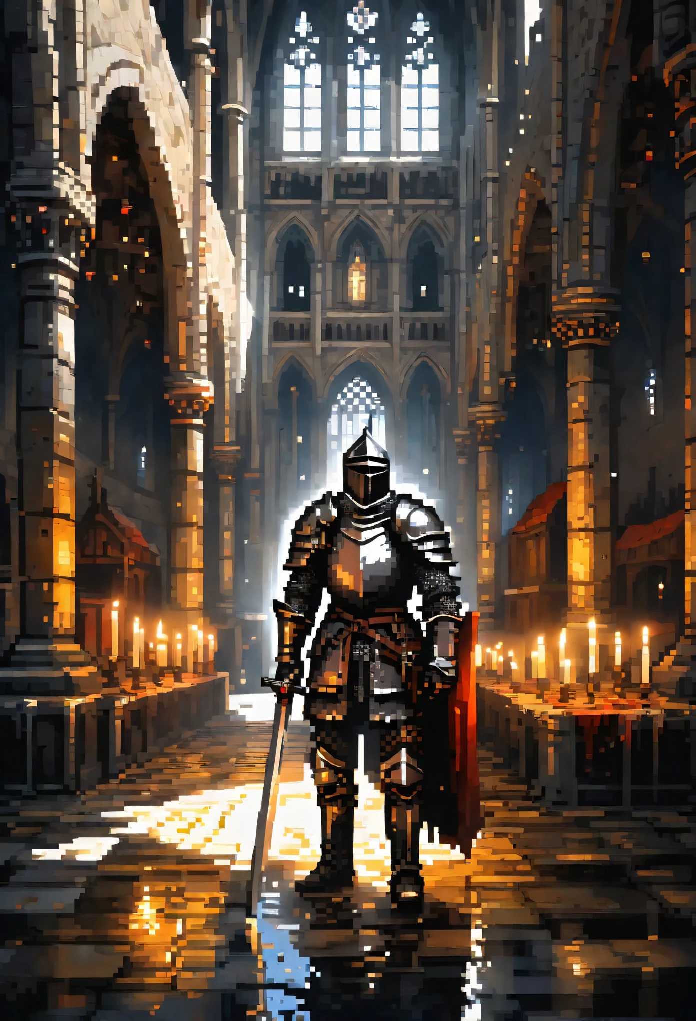 fisheye lens, portrait photo of medieval knight standing inside a gothic church, wet stone, puddles, infinite vaults, bloodborne, dramatic light, low key, candle light, Pixel art