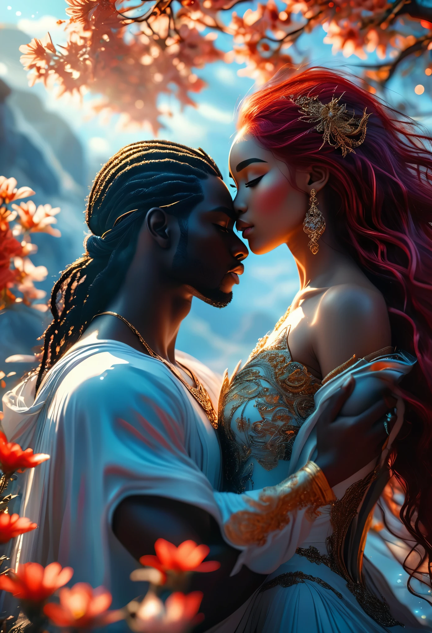 Novel of a lover in celestial landscape, a beautiful darkskin imperial prince white long black hair and a beautiful (((darkskin celest woman))) with ((red hair)), very beautiful, perfect faces, whole body, romantic scene, romantic Way, sexy couple, 8K, extremely detailed, (high quality, realistic, photorealistic: 1.37), Full body, ideal proportions and defined complexion, meticulously crafted features, unreachable beauty, perfection, artistic masterpieces, vivid realism, hyper-detailed sculptures, life-like forms, truly awe-inspiring, impeccable craftsmanship, pure radiance, ethereal beauty, delicate contours, striking poses, sublime beauty, subtle nuances, dynamic compositions, vibrant colors, perfect lighting, soulful expressions, celestial aura, majestic presence, dreamlike atmosphere, 8 k artistic photography, photorealistic concept art, soft natural volumetric cinematic perfect light, chiaroscuro, award - winning photograph, masterpiece, beautiful detailed intricate insanely