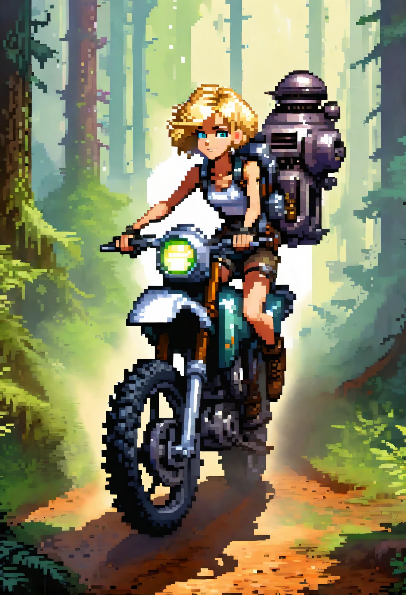 ((((masterpiece)))), high quality, very_high_resolution, large_filesize, full color, steam punk featuring a futuristic planet,, in a distant forest, bustling alien markets, and an off-road bike. The protagonist is a stunning upper body girl 1 person blonde short bob silver smile, mechanized arms. wearing a white tank top, distressed denim shorts, engineer boots, and riding the off-road bike.  beauty, Pixel art