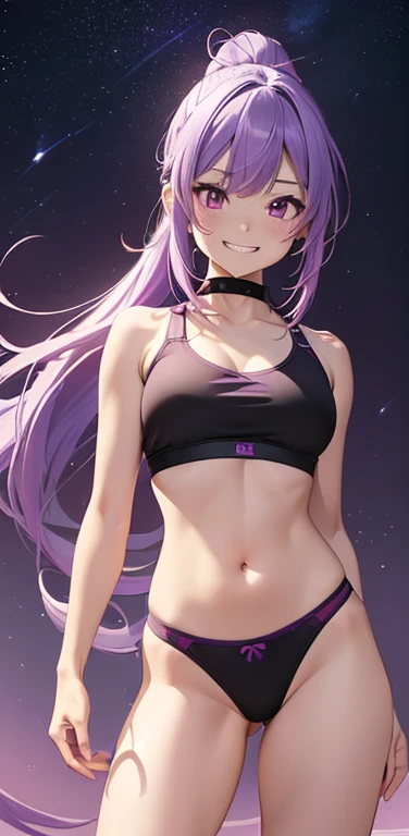 (8K、highest quality、masterpiece:1.2)、anime coloring、super resolution、Realistic、(1girl) 、(purple, white gradient hair,ponytail)、(contrapposto),long straight hair,(red eye),(forehead:1.2),(face focus,cowboy shot),(black sports bra:1.3,string panties :1.3)、(grin:1.3),(cute face)、,(small breasts),gradient background、(:1.3)、