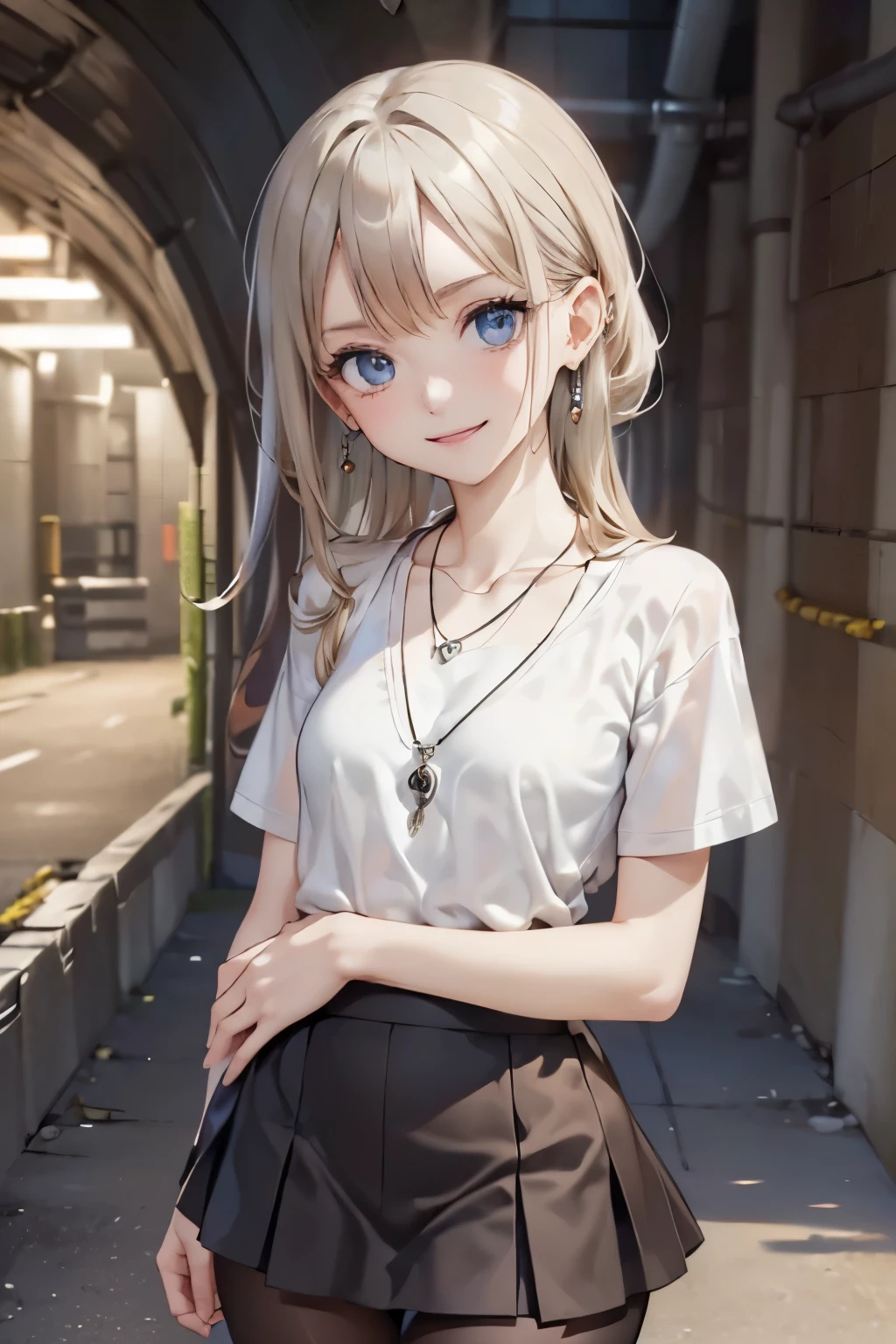 ((Biologically correct number of limbs))、(( Full body photo including face、head to toe photo))、standing position、[NSFW]、4K、masterpiece、((focus on the face))、((Symmetrical facial features))、Eyes of minute description、Beautiful woman、outstanding style、beautiful clavicle、beautiful legs、(small ass、thin thighs）、(tights and pumps）、Detailed depiction of faces、small earrings、necklace、(T-shirt)、(skirt)、(one piece）、Scenery inside the tunnel、clear、、smile、looking cold、Close-up photo of the upper body、
