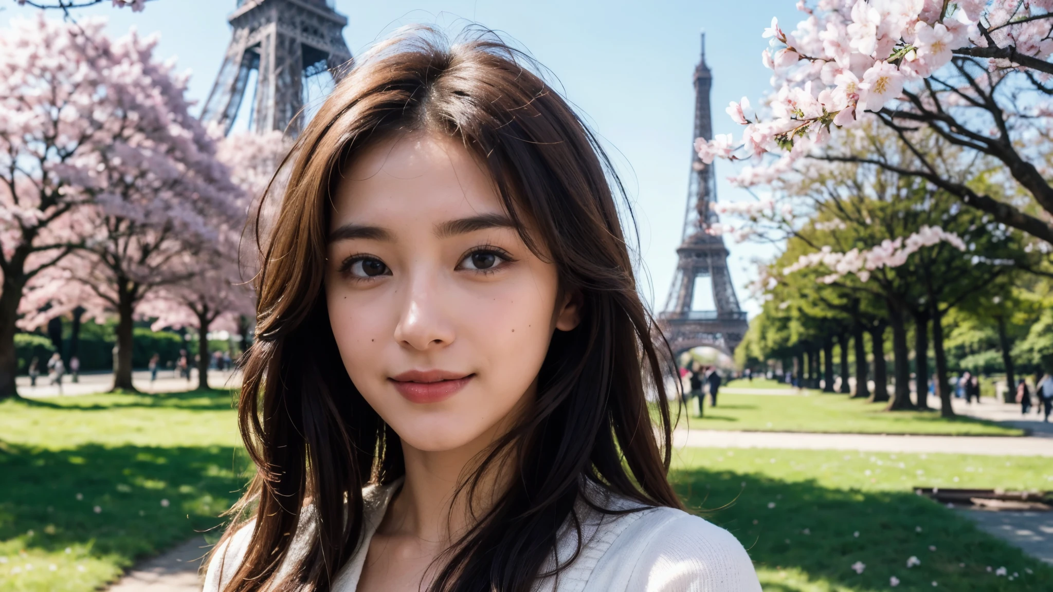 masterpiece, Best Quality, Photorealistic, Ultra-detailed, finely detailed, High resolution, 8K Wallpaper, 1 beautiful woman, light brown hair, sharp focus, Perfect dynamic composition, Beautiful detailed eyes, detailed hairs, Detailed realistic skin texture, Smiling, portrait, Model body type, Take a walk in the park with cherry blossoms and Eiffel Tower background,