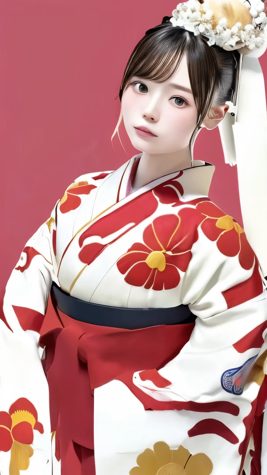 8K、wallpaper、super detailed、beautiful beautiful、masterpiece、highest quality、perfect anatomy、one girl、14 years、beautiful black hair、(((bun hair:1.3、blonde hair)))、Japanese、Big pink、(((Pure white kimono)))、very detailed、dynamic angle、cowboy shot、the most beautiful shape、elegant、Bright colors、romance、atmosphere、(((Hinomaru、Japanese flag、red background)))