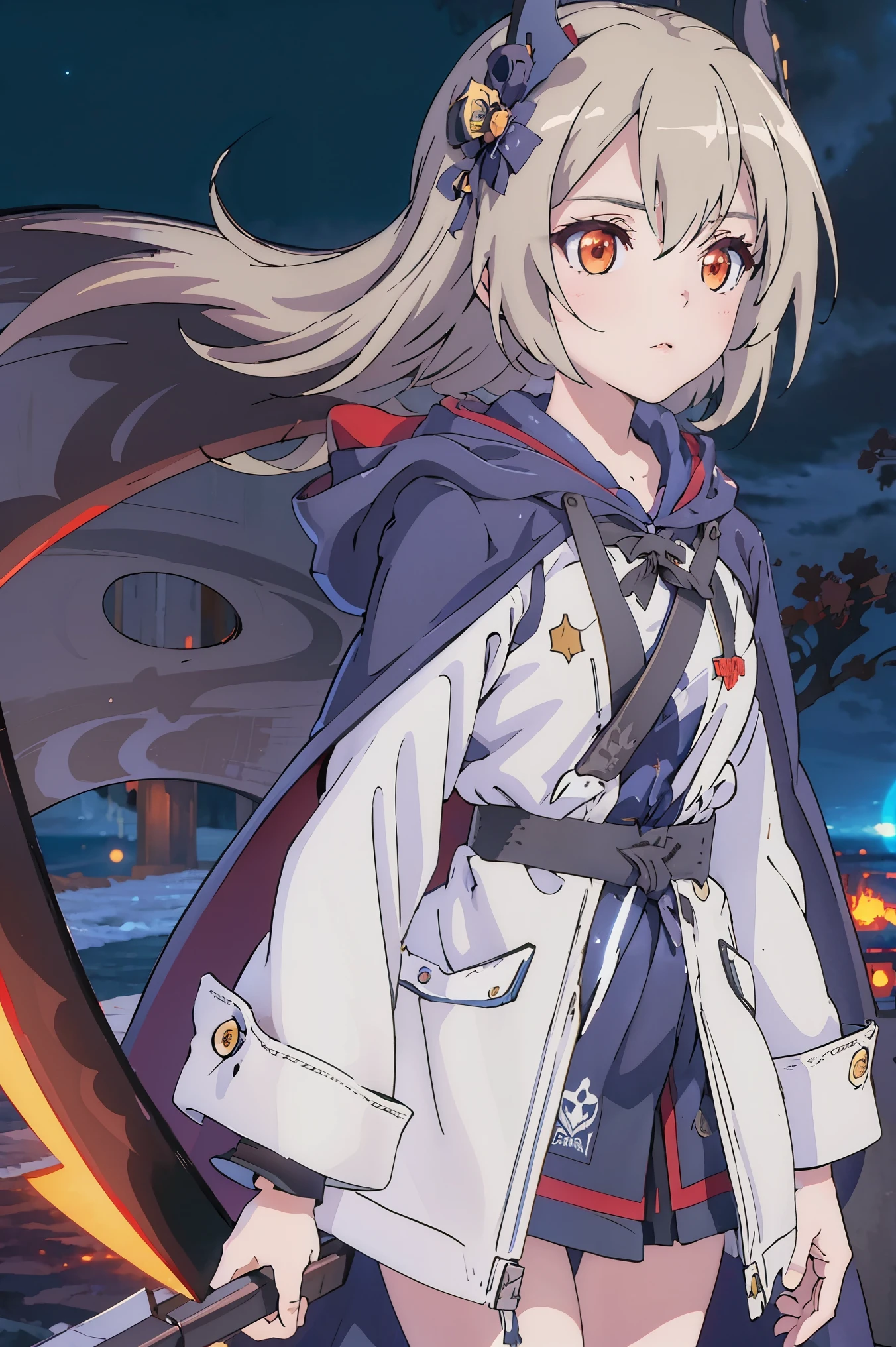(((masterpiece))),((( best quality))),((( extremely detailed CG unity wallpaper))), (((ultra-detailed))), best illustration, by famous artist,detailed background,chromatic aberration with strong rim light, (beautiful detailed night sky with blue moon:1.4),
1girl,solo,(((scythe))),(death scythe:1.4),(black cape),clear face,glowing eyes,shining red eyes,white hair,long sleeves,(((hood))),expressionless,stare,standing,look at viewer,a cloak covering the whole body,(((closed robe)))