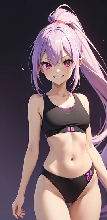(8K、highest quality、masterpiece:1.2)、anime coloring、super resolution、Realistic、(1girl) 、(purple, white gradient hair,ponytail)、(contrapposto),long straight hair,(red eye),(forehead:1.2),(face focus,cowboy shot),(black sports bra:1.3,string panties :1.3)、(grin:1.3),(cute face)、,(small breasts),gradient background、(slender:1.3)、