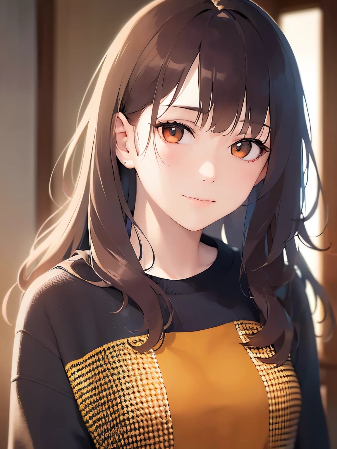 Upper Body, Realistic, real person, (pale skin: 1.2), RAW photo, photorealistic, portrait photography, shiny skin, japanese idol、shiny hair、(25 year old woman with medium hair with bangs) and (wavy hair) and (brown hair) and (orange eyes) , (black) and (T-shirt) and (oversize) 、(sad:1.2), smile, The background is the living room、Alone、Are standing