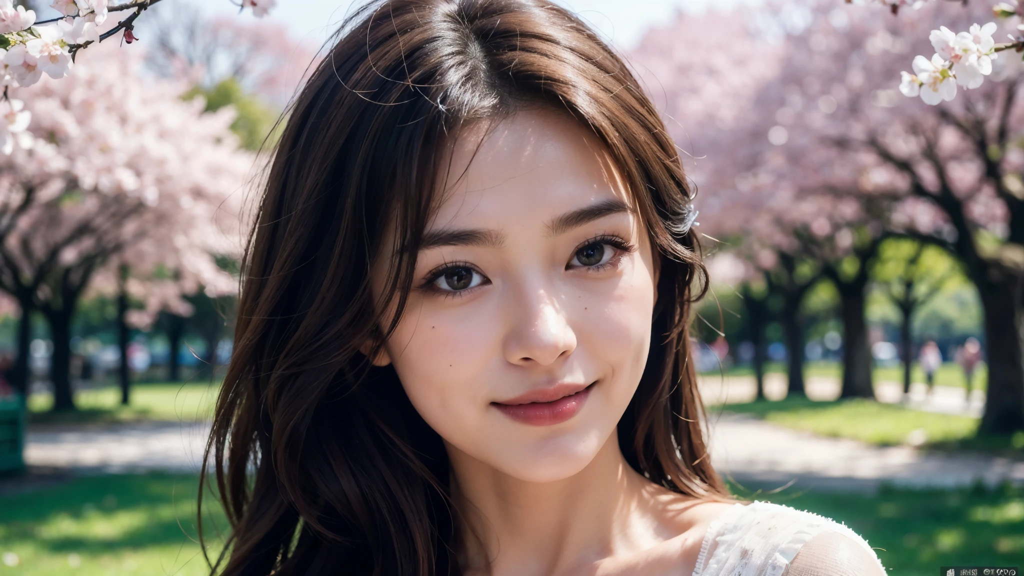 masterpiece, Best Quality, Photorealistic, Ultra-detailed, finely detailed, High resolution, 8K Wallpaper, 1 beautiful woman, light brown hair, sharp focus, Perfect dynamic composition, Beautiful detailed eyes, detailed hairs, Detailed realistic skin texture, Smiling, portrait, Model body type, Take a walk in the park with cherry blossoms,