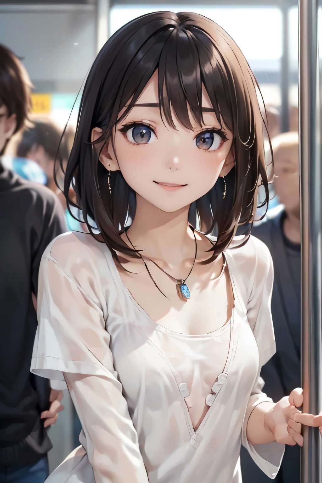 ((Biologically correct number of limbs))、((The number of fingers on one hand is 5))、(( Full body photo including face、head to toe photo))、standing position、[NSFW]、4K、masterpiece、((focus on the face))、((Symmetrical facial features))、Eyes of minute description、Beautiful woman、outstanding style、beautiful clavicle、beautiful legs、(small ass、thin thighs）、(black tights and pumps）、Detailed depiction of faces、small earrings、necklace、(long t-shirt）、Scenery of a crowded train、clear、、smile、looking cold、Close-up photo of the upper body、
