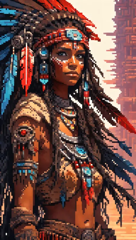 pixel art of realistic photo of girl and her mech,  girl (native american) has long hair, dark skin, feathers, hair ornament, je...