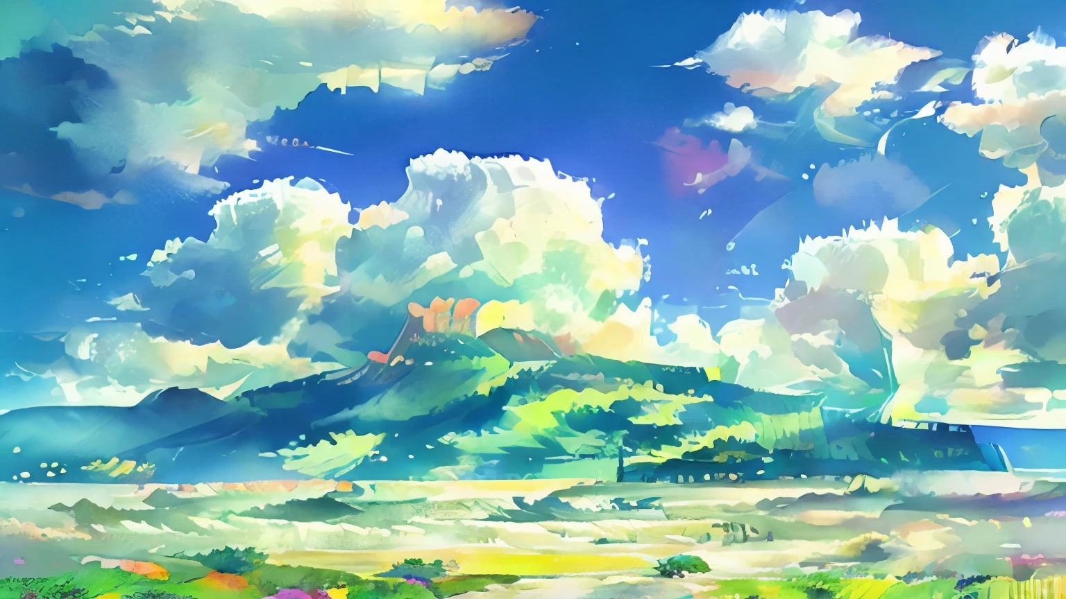 sunny summer morning　dazzling blue sky　Vibrant green mountain surface　