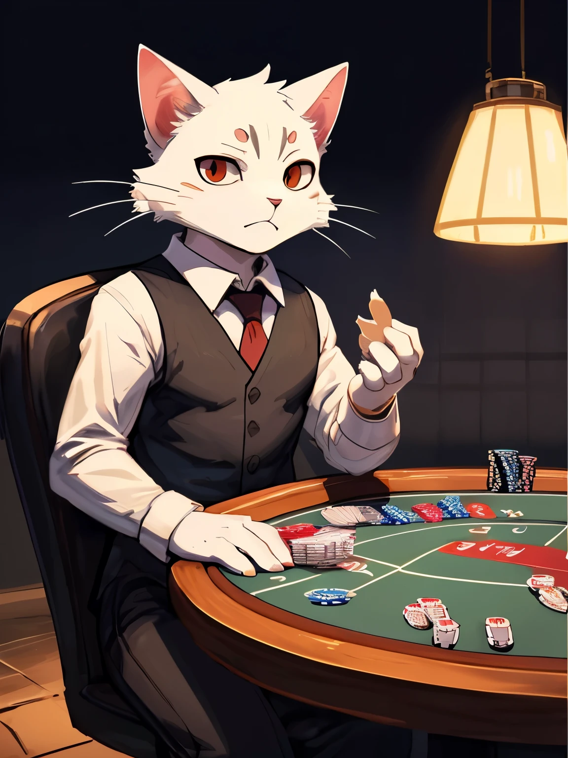 ((от bebebebebe, от zackary911, (guy cat :1.5). snow-white fur, knitted vest and shirt, trousers, Best quality, masterpiece, Ideal Anatomy, detailed, slim, thin, gambling mood , dirty ink, cards, Poker, sly facial expression