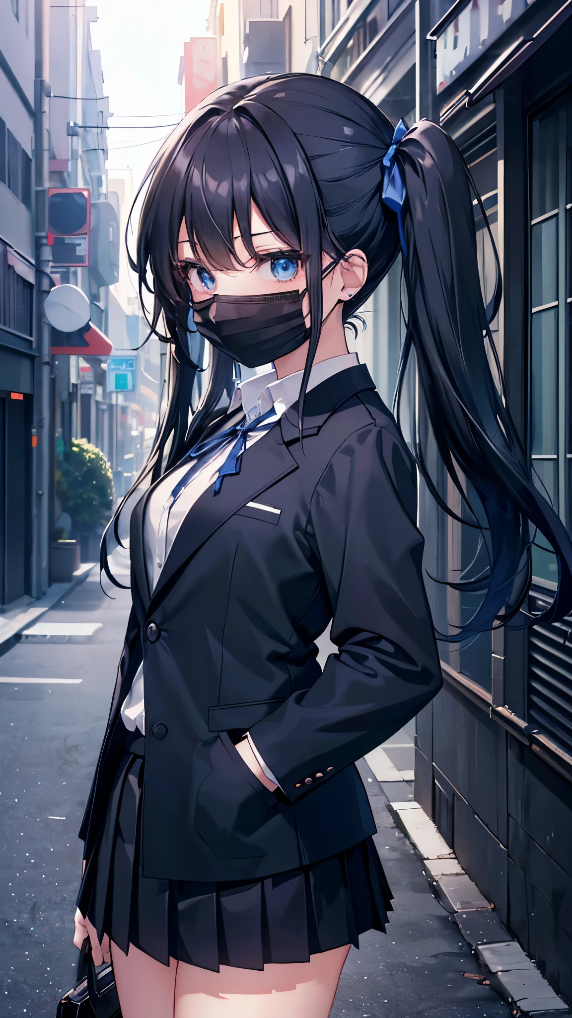 (8K、Highest image quality、highest quality、masterpiece)、detailed face、1 girl、black hair、twintails、blue eyes、expression、earrings、((black surgical mask))、small breasts、((white shirt))、((dark blue blazer))、((black pleated skirt))、((miniskirt))、put one's hand in one's pocket、cowboy shot、Back alley background at night