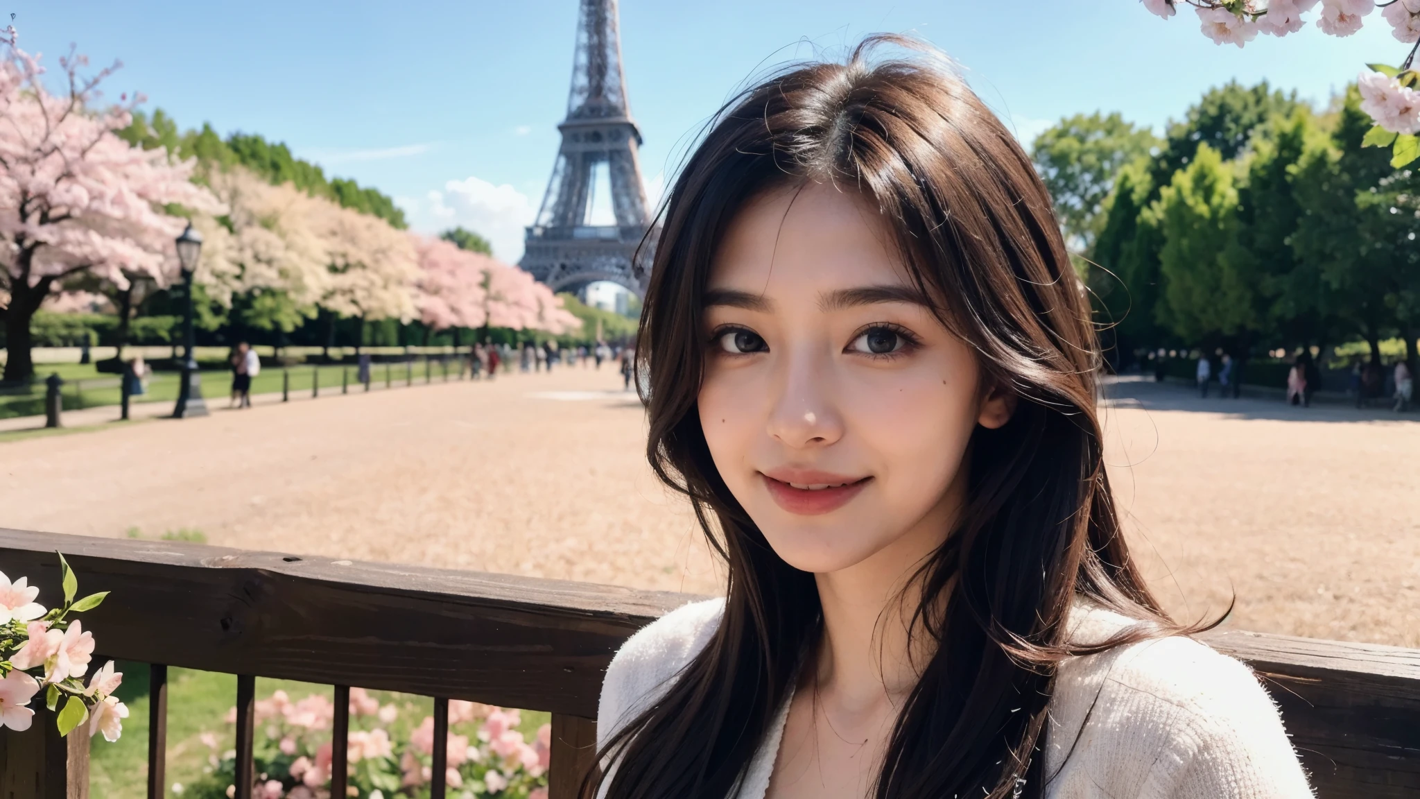 masterpiece, Best Quality, Photorealistic, Ultra-detailed, finely detailed, High resolution, 8K Wallpaper, 1 beautiful woman, light brown hair, sharp focus, Perfect dynamic composition, Beautiful detailed eyes, detailed hairs, Detailed realistic skin texture, Smiling, portrait, Model body type, Take a walk in the park with cherry blossoms and Eiffel Tower background,
