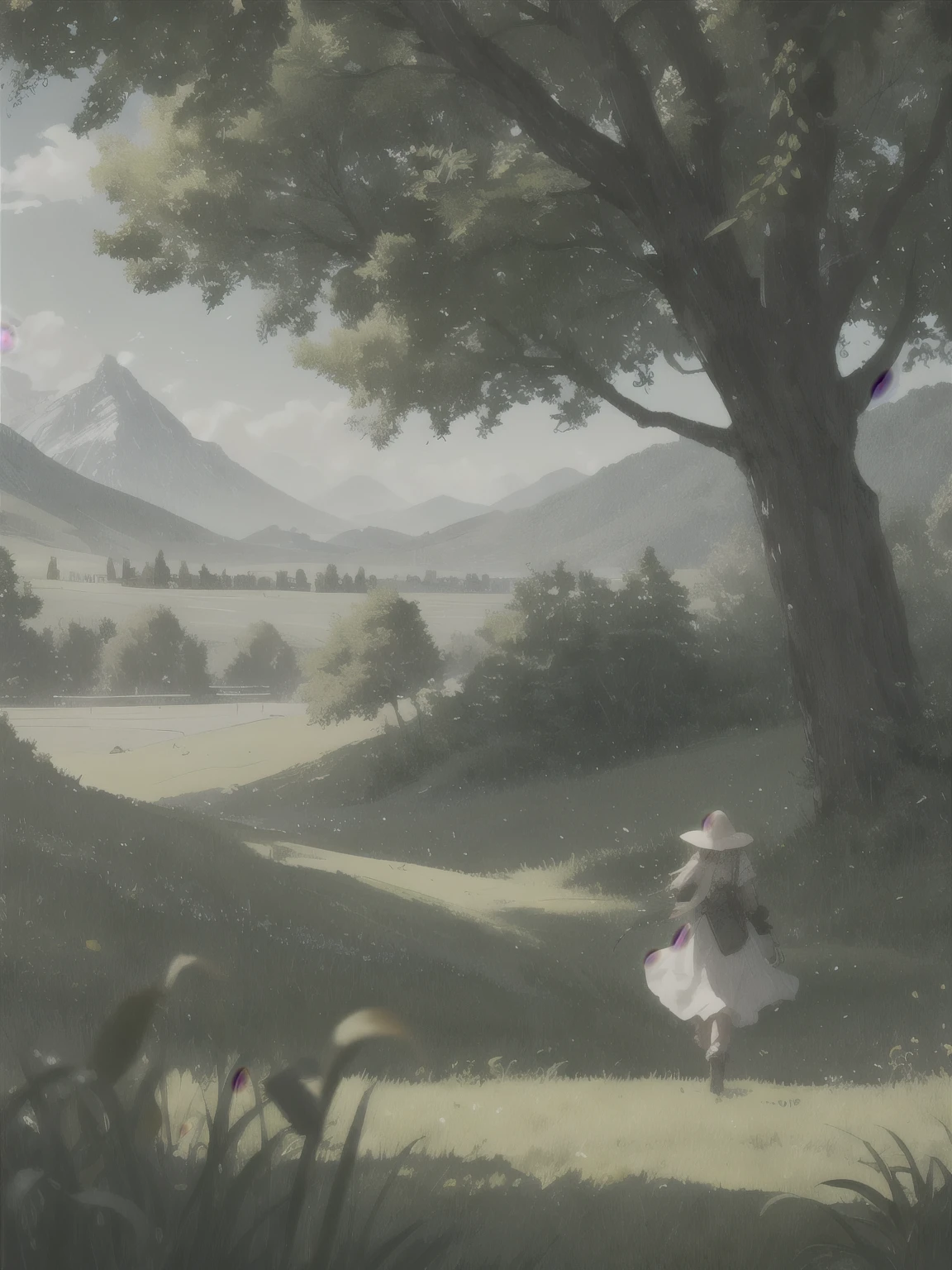 In a green meadow stands a girl leading a group of knights.
BREAK
With a brave expression, she guides them towards their destination.
BREAK
Behind her, a green forest stretches out and beyond that, mountains rise in the distance.
BREAK
The most suitable effect for this scene would be a watercolor painting technique to capture the softness of the meadow and the fluidity of the movement.