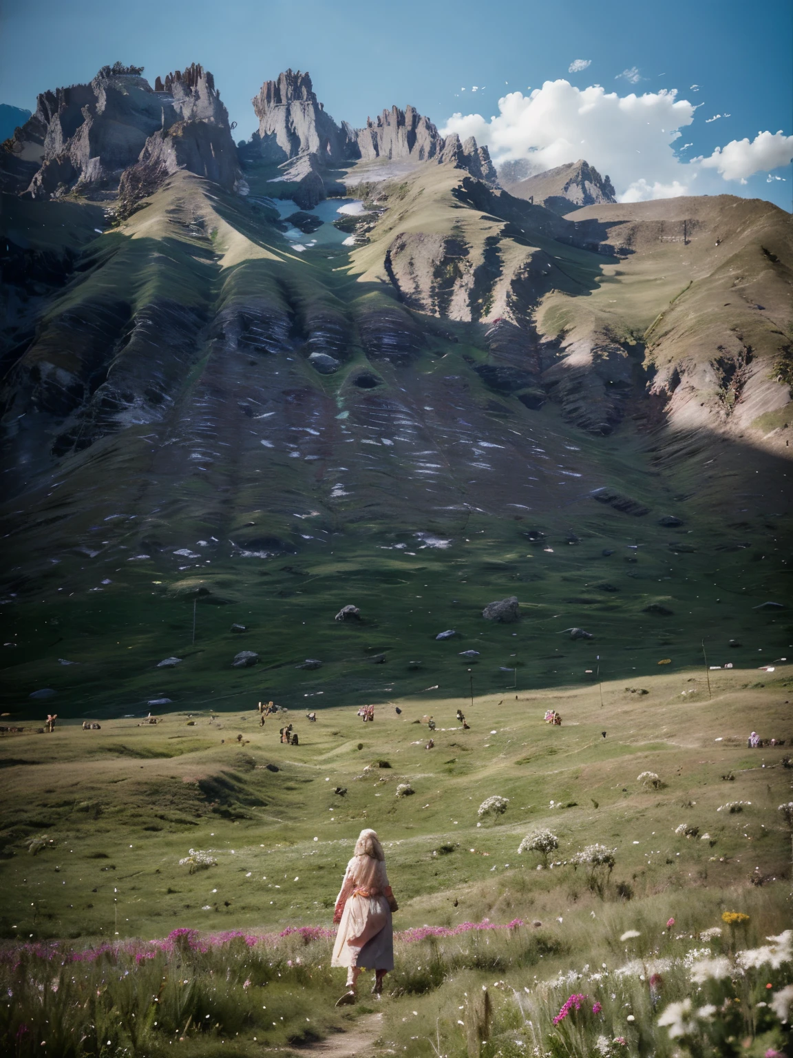 In a green meadow stands a girl leading a group of knights.
BREAK
With a brave expression, she guides them towards their destination.
BREAK
Behind her, a green forest stretches out and beyond that, mountains rise in the distance.
BREAK
The most suitable effect for this scene would be a watercolor painting technique to capture the softness of the meadow and the fluidity of the movement.