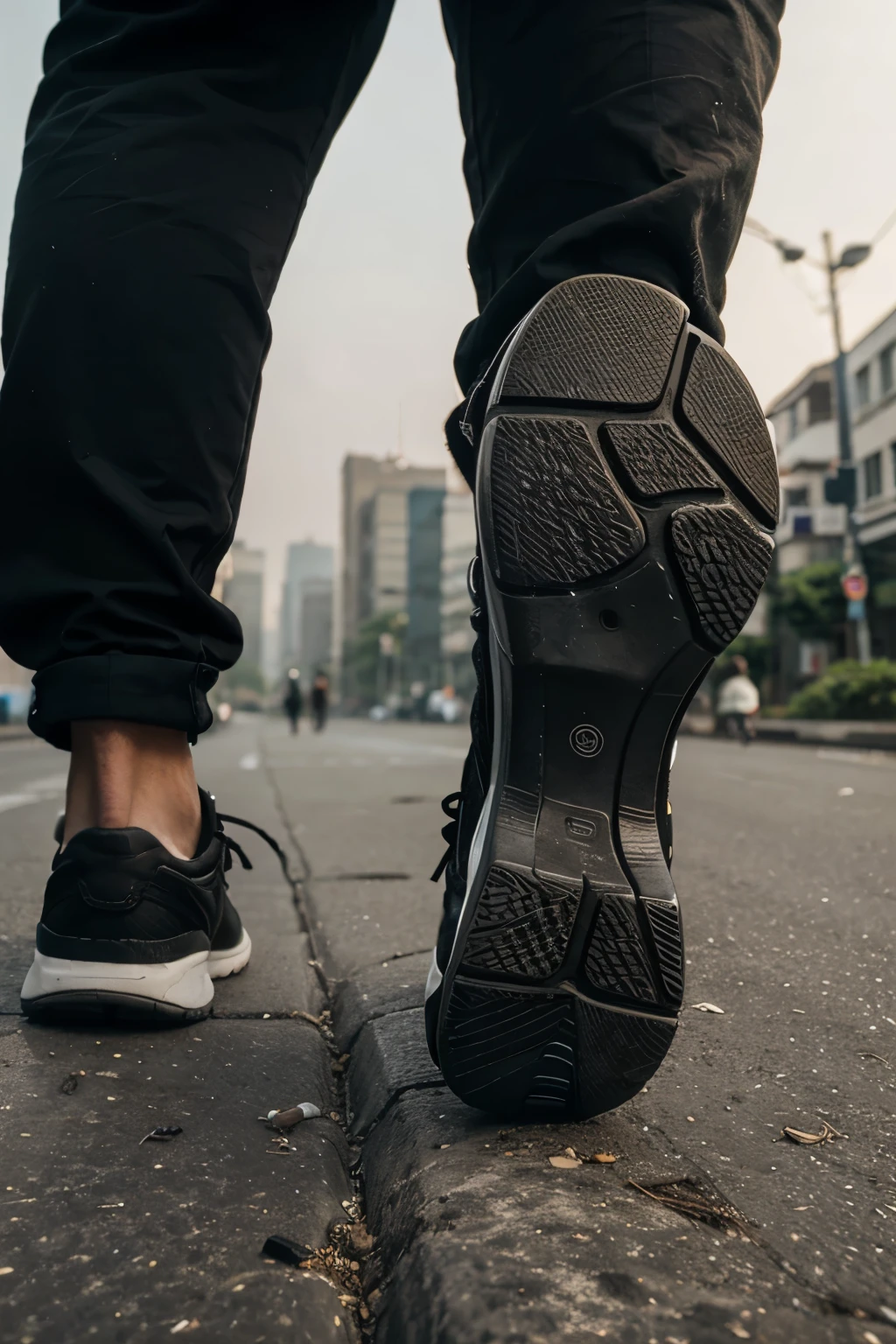 a person walking forward and the Point of view is in the back of the foot. It left a ecosystem within the footsprint. The background of the picture is polluted city.