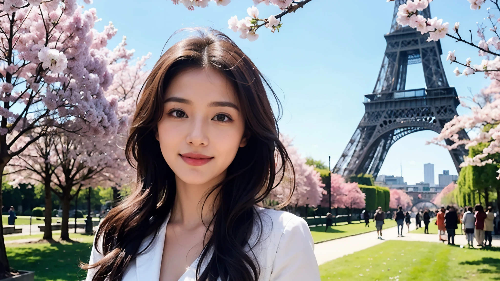 masterpiece, Best Quality, Photorealistic, Ultra-detailed, finely detailed, High resolution, 8K Wallpaper, 1 beautiful woman, light brown hair, sharp focus, Perfect dynamic composition, Beautiful detailed eyes, detailed hairs, Detailed realistic skin texture, Smiling, portrait, Model body type, Take a walk in the park with cherry blossoms and Eiffel Tower background,